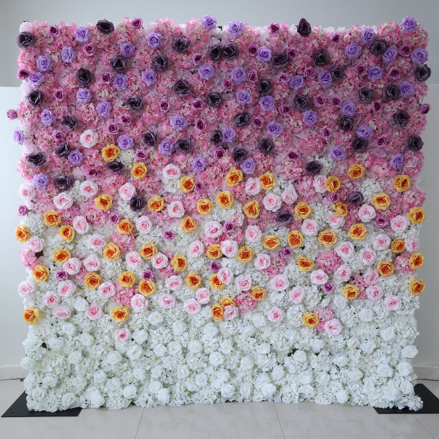 ValarFlowers faux flower wall backdrop with lush roses peonies hydrangeas in blush pink ivory - elegant wedding event photography decor