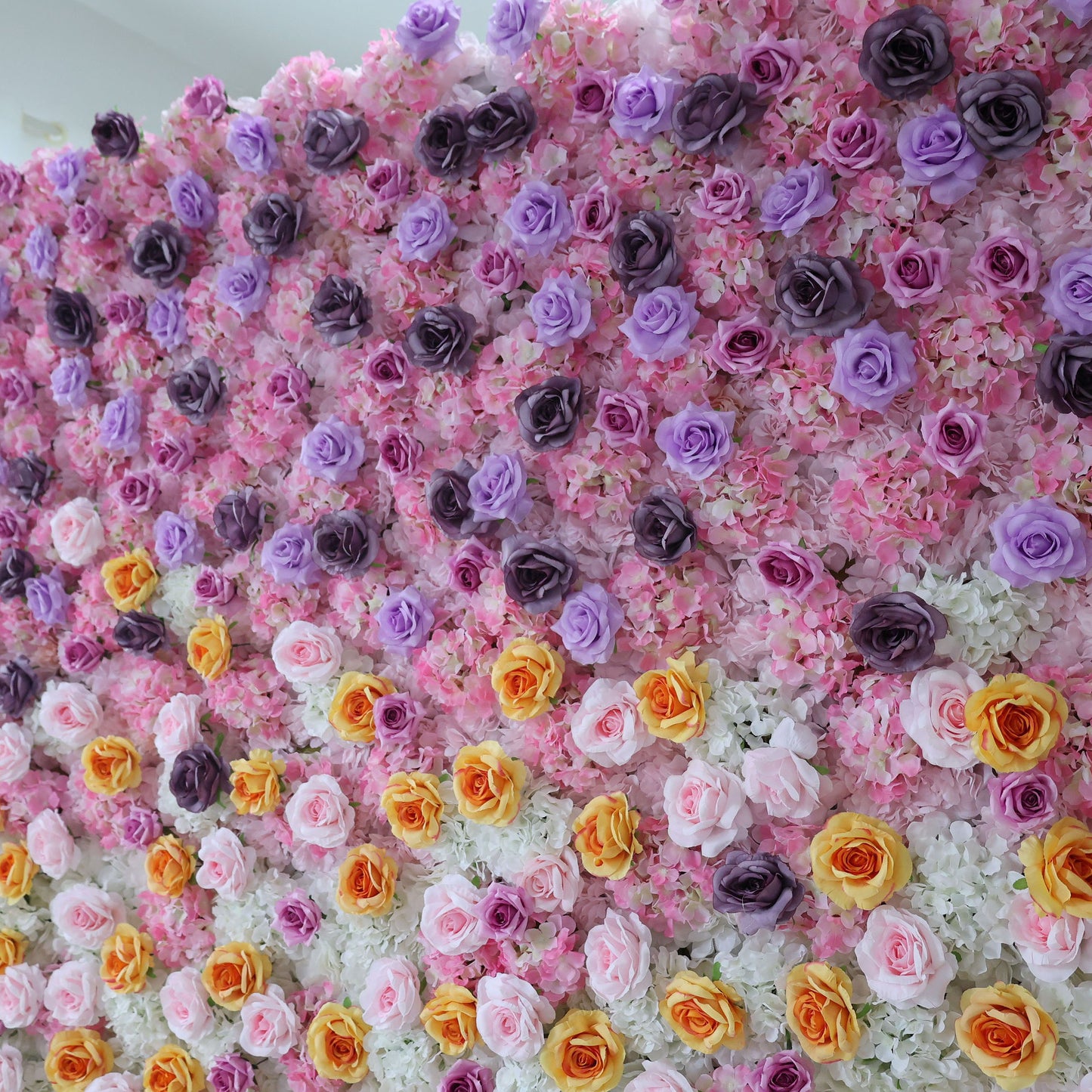 ValarFlowers artificial flower wall backdrop with lush pink ivory roses peonies hydrangeas - luxury wedding event photography decor