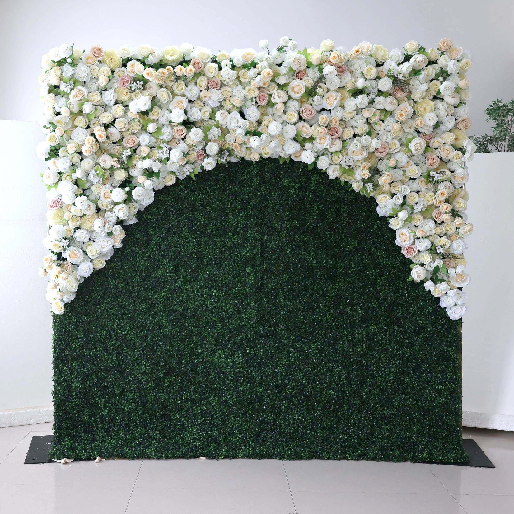 ValarFlowers artificial flower wall backdrop with lush pink white roses peonies hydrangeas greenery for wedding event photo booth decor