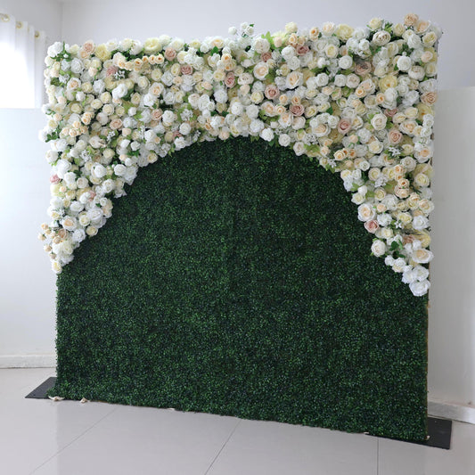 ValarFlowers faux flower wall backdrop with lush roses peonies hydrangeas in pink white peach for wedding event party decor