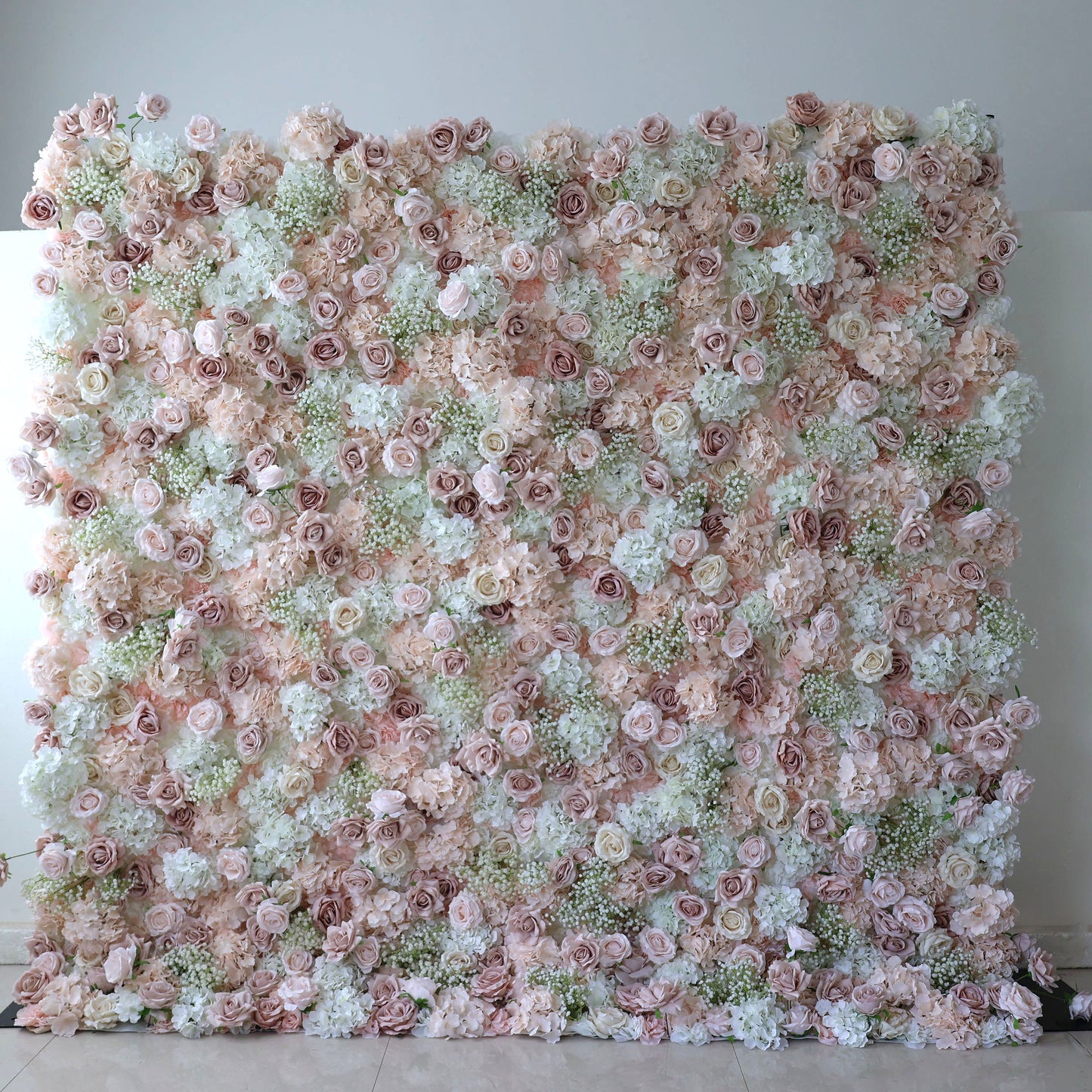 ValarFlowers artificial flower wall with roses, peonies, hydrangeas in pink and ivory - elegant wedding backdrop, party decor