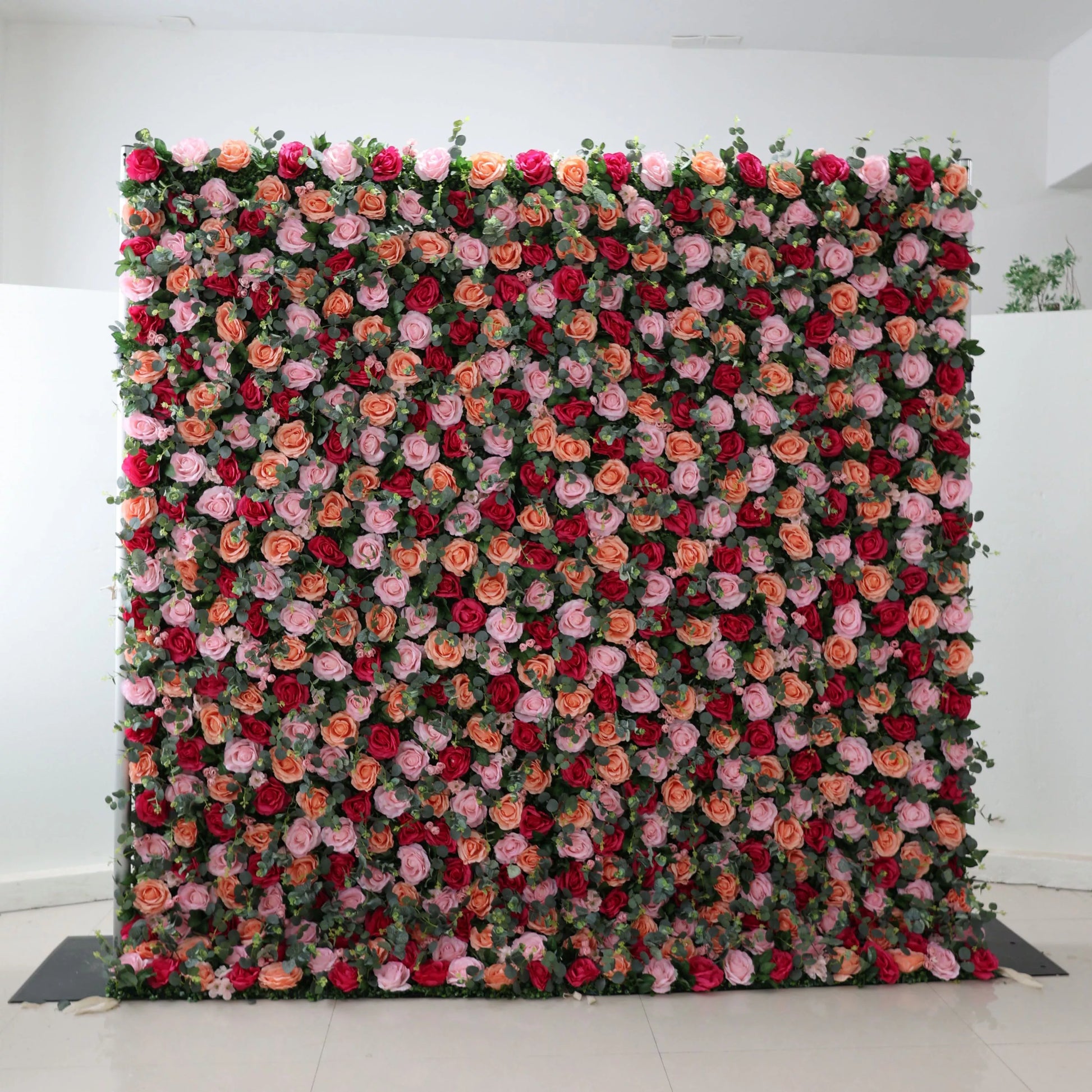 ValarFlowers Pink and Plum Silk Flower Wall Backdrop with Green Leaves for Wedding Party Photo Booth Event Decor