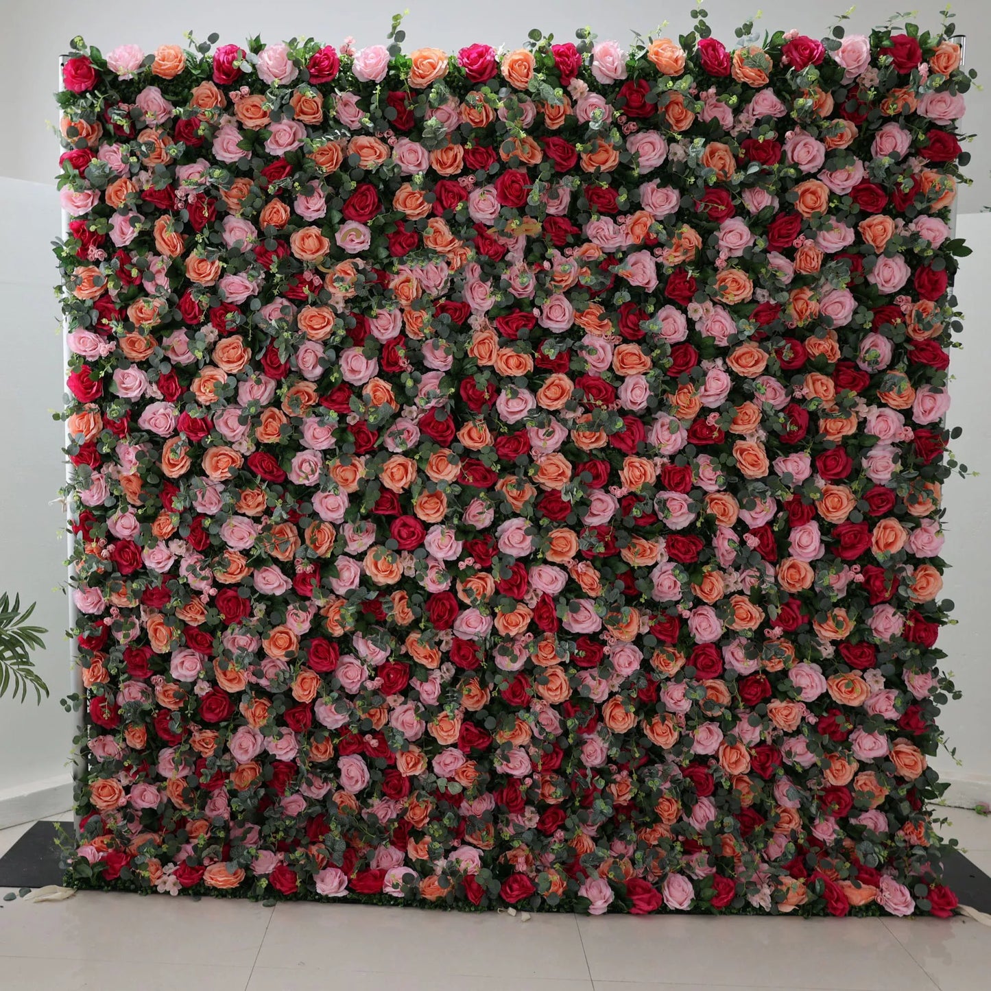 ValarFlowers artificial flower wall backdrop with Persian Plum and pink roses, grey-green leaves for wedding, party, photo booth decor