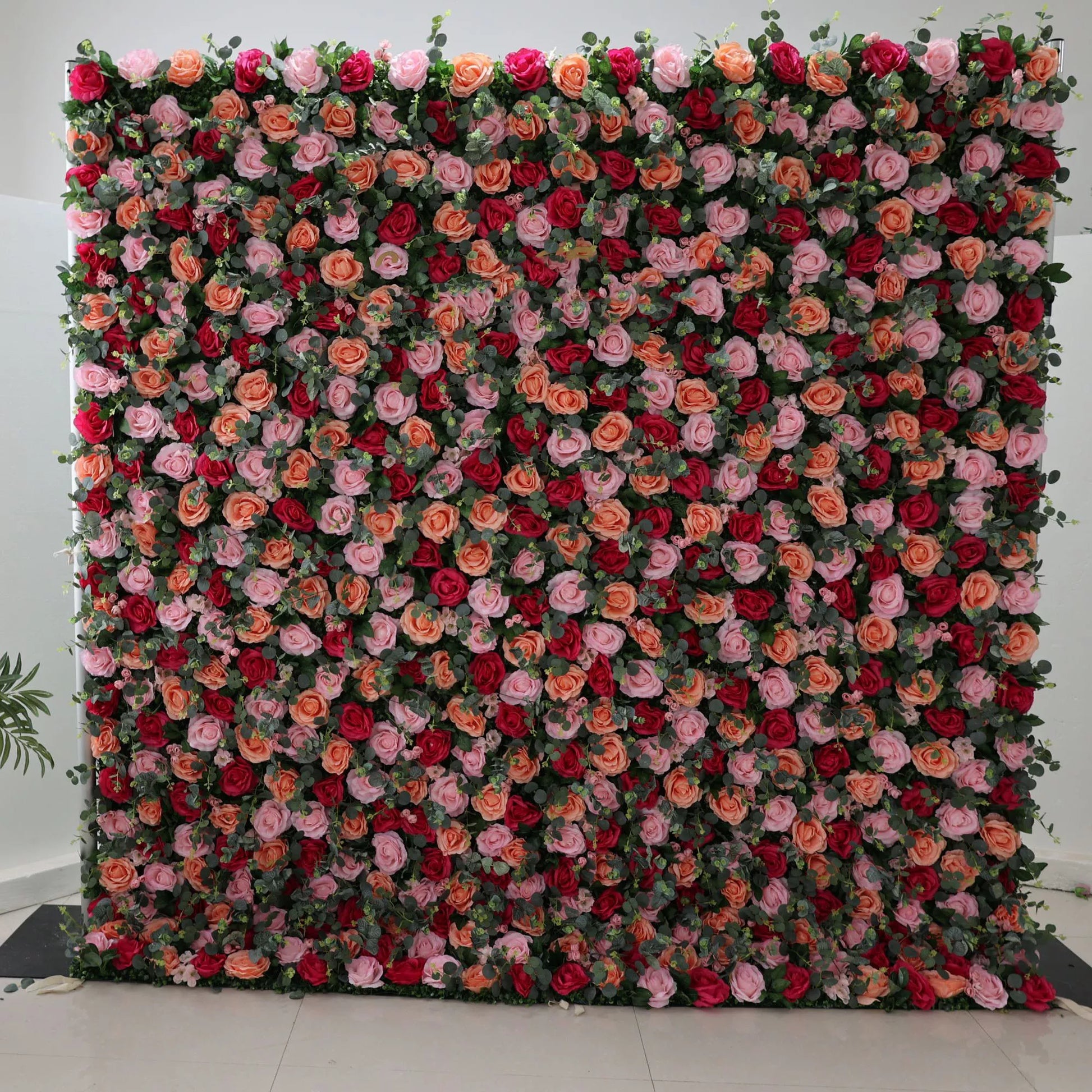 ValarFlowers artificial flower wall backdrop with Persian Plum and pink roses, grey-green leaves for wedding, party, photo booth decor