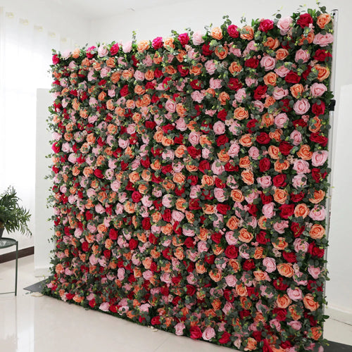 ValarFlowers artificial flower wall backdrop with Persian Plum and Light Carmine Pink roses and peonies, Ironside Grey Green greenery, luxury wedding event decor