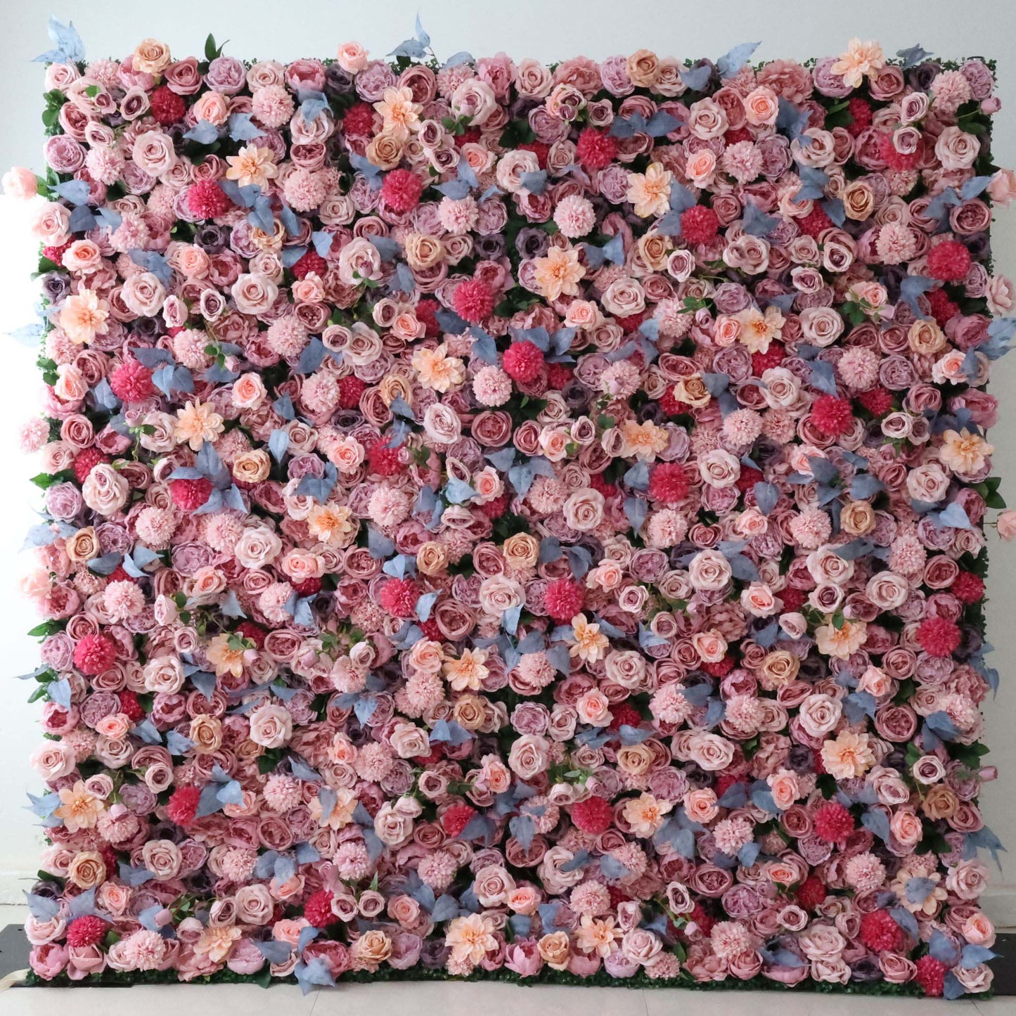 ValarFlowers artificial flower wall backdrop with lush roses, peonies and hydrangeas in romantic pastels - perfect wedding and event photography decor