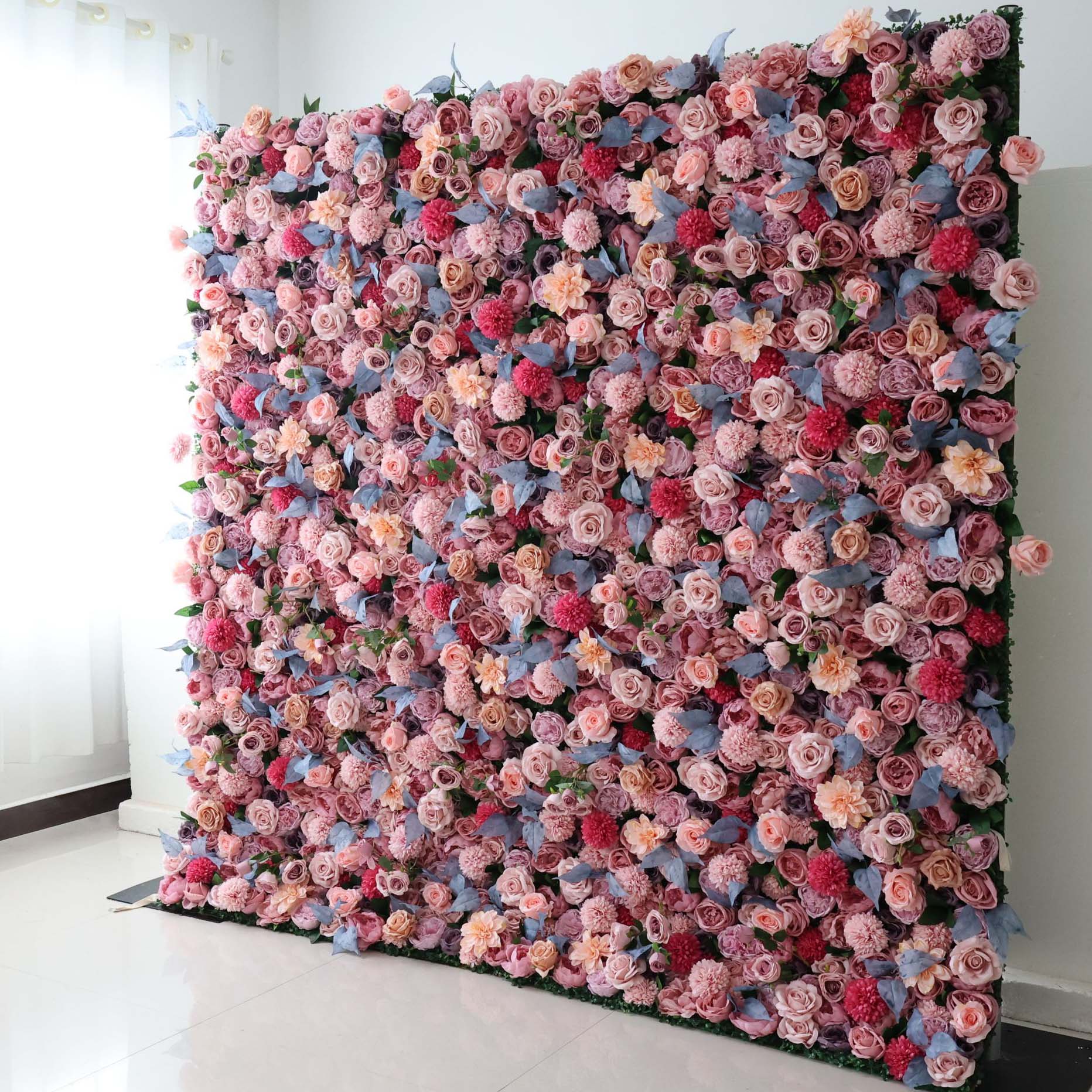ValarFlowers artificial flower wall backdrop with lush roses peonies hydrangeas greenery for wedding party photo booth decor