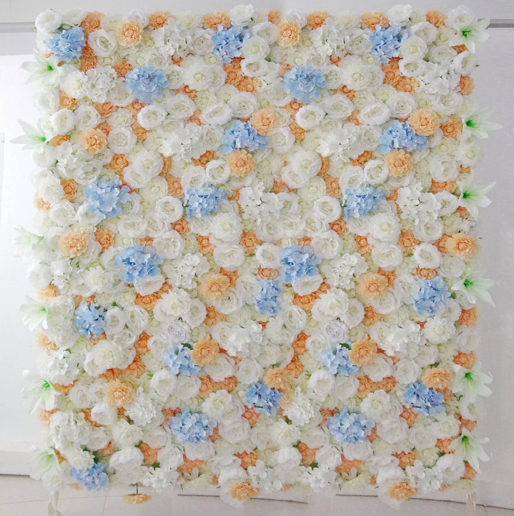 ValarFlowers artificial flower wall backdrop with orange, white and baby blue roses and peonies for wedding and party decor