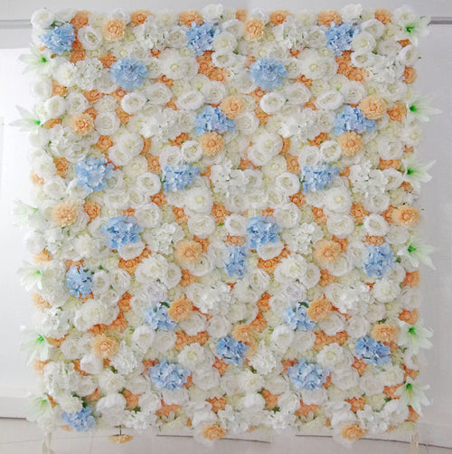 ValarFlowers artificial flower wall backdrop with orange, white and baby blue roses and peonies for wedding and party decor