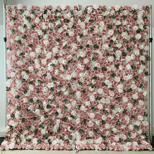 ValarFlowers VF-154 blush and white artificial rose flower wall with green accents, full front view.