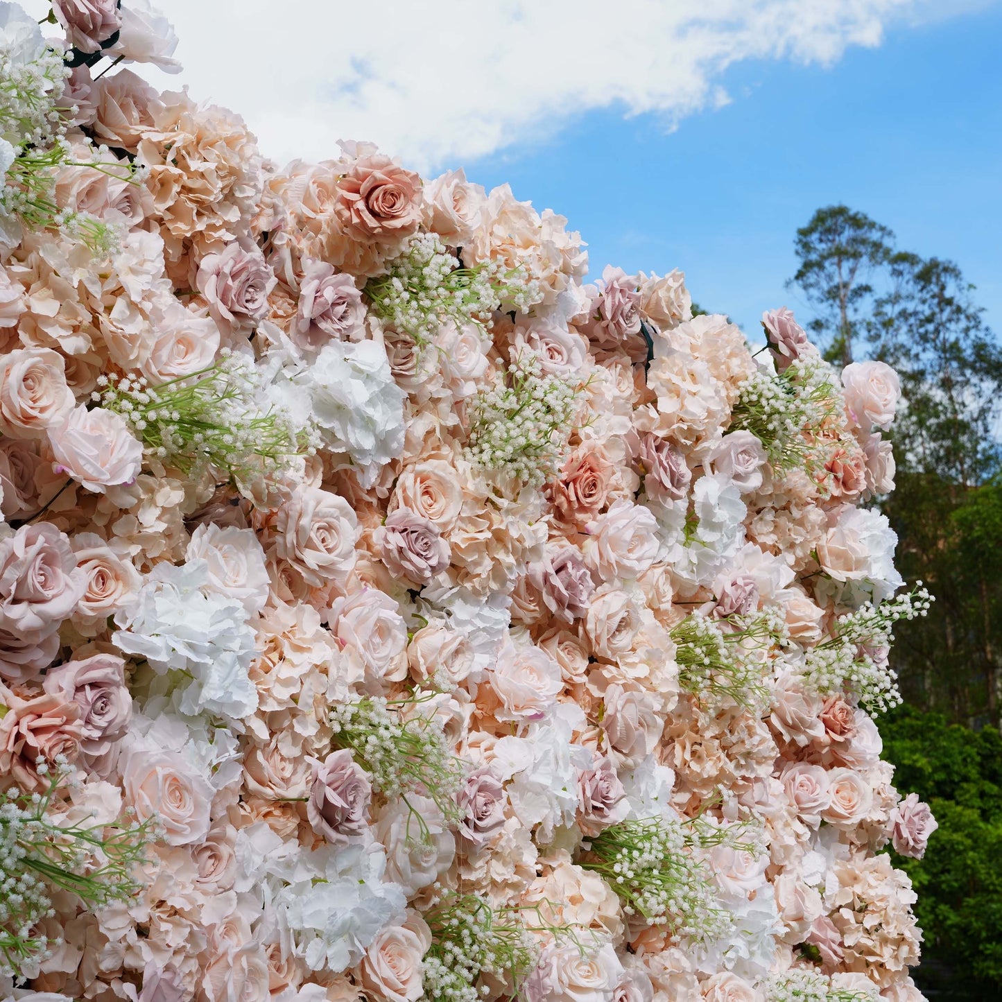 ValarFlowers luxury artificial flower wall backdrop with lush peonies roses hydrangeas in soft blush pink - perfect wedding photography backdrop