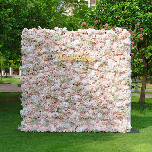 ValarFlowers luxury artificial flower wall backdrop with lush pink roses, peonies, hydrangeas and greenery, perfect wedding party photo booth decor