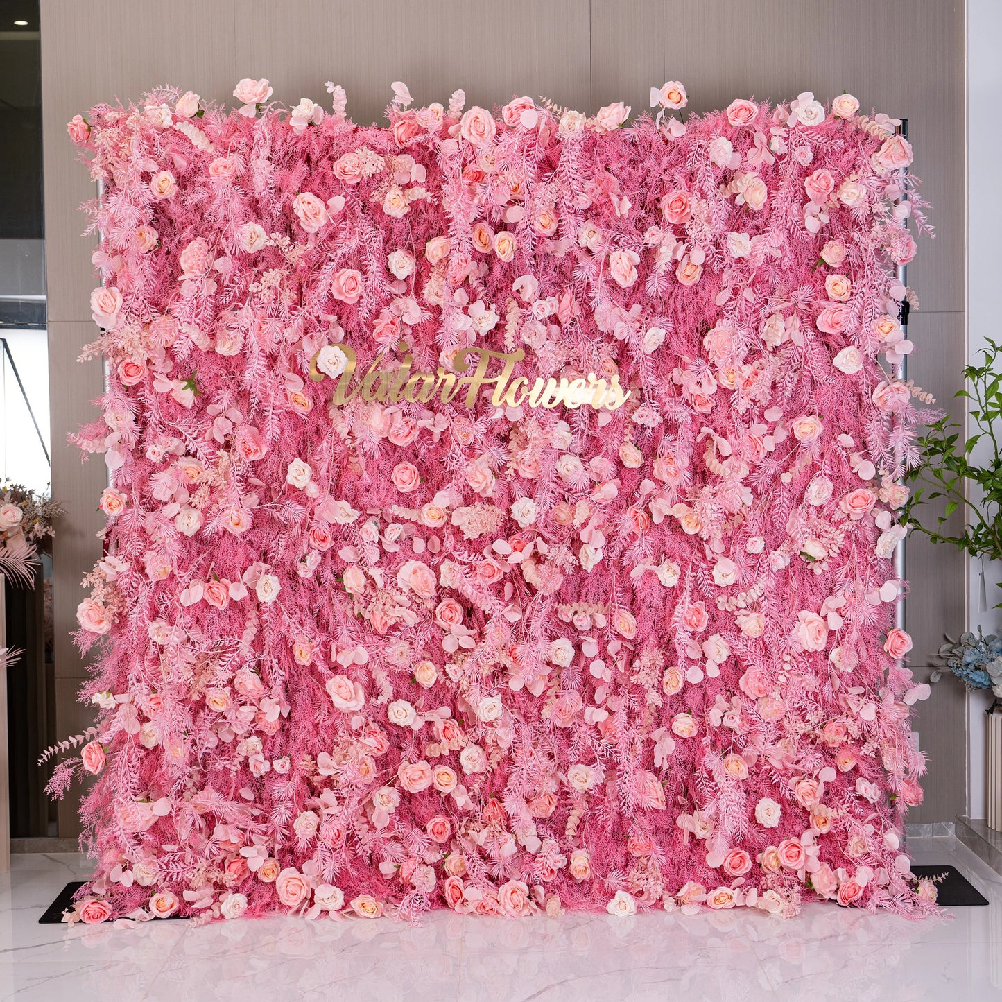 ValarFlowers romantic blush pink artificial flower wall with peonies, hydrangeas, frosted ferns - luxury wedding backdrop, bridal shower, photo booth decor