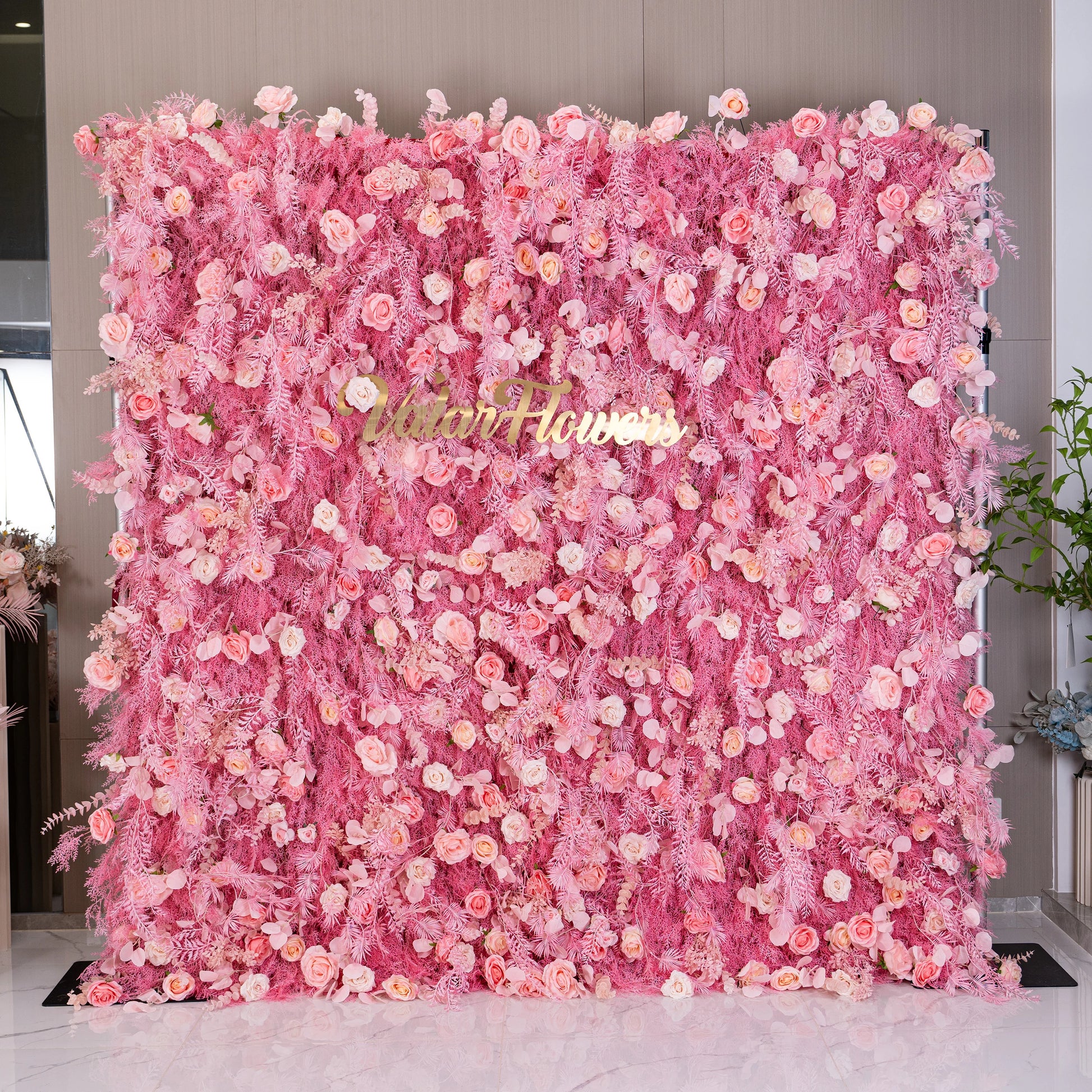 ValarFlowers romantic blush pink artificial flower wall with peonies, hydrangeas, frosted ferns - luxury wedding backdrop, bridal shower, photo booth decor