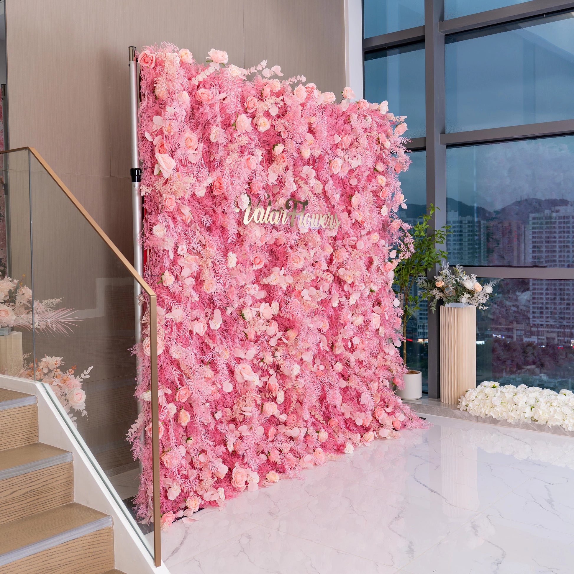 ValarFlowers blush pink artificial flower wall with lush roses peonies hydrangeas and greenery luxury wedding backdrop faux floral panel bridal shower decor photo booth