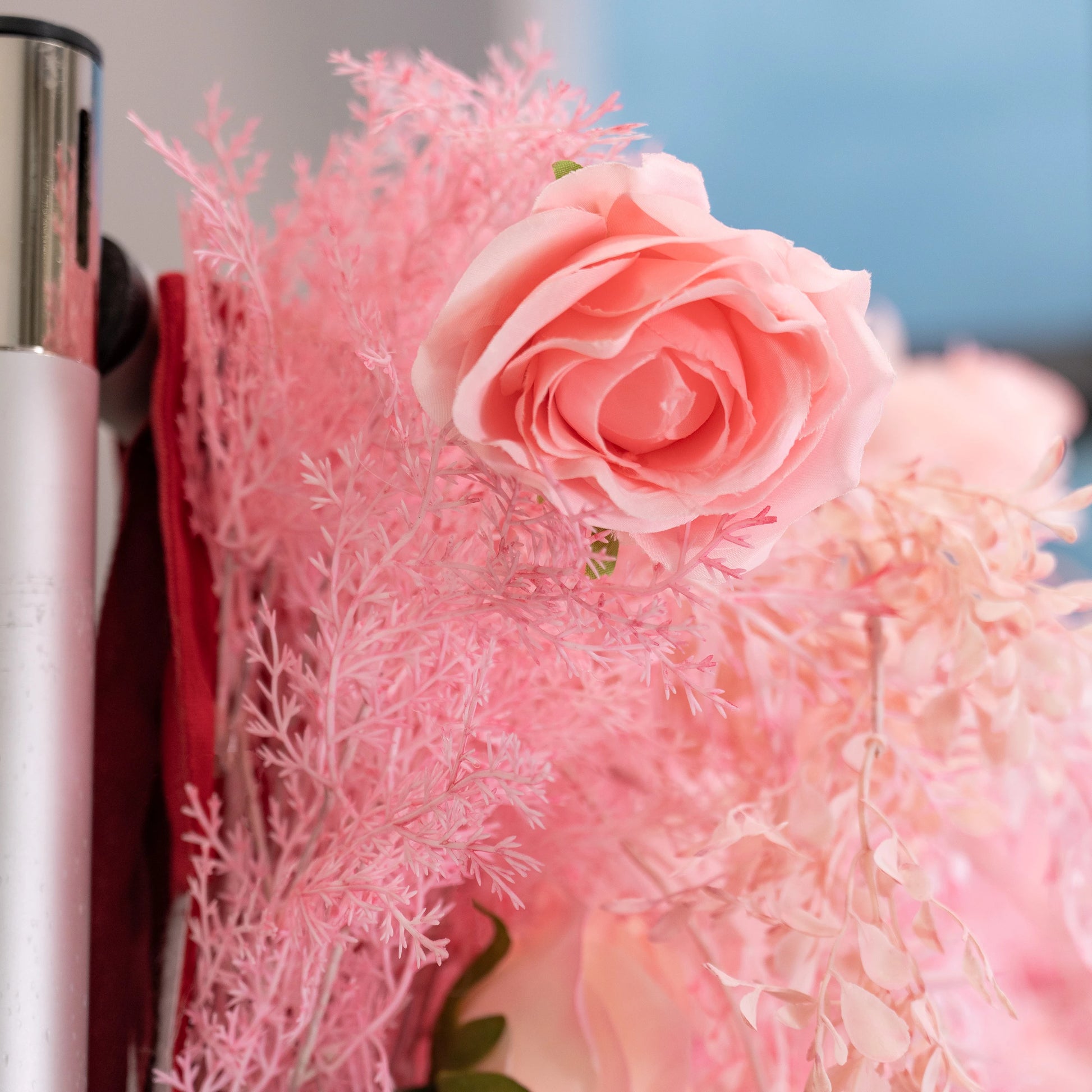 ValarFlowers blushing pink artificial flower wall with roses peonies hydrangeas and frosted ferns for wedding backdrop and event decor