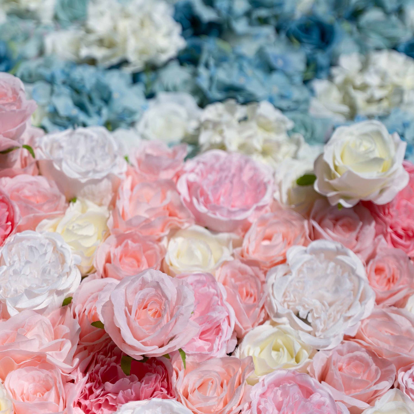 ValarFlowers blue pink artificial flower wall backdrop with roses peonies hydrangeas for gender reveal baby shower wedding party decor