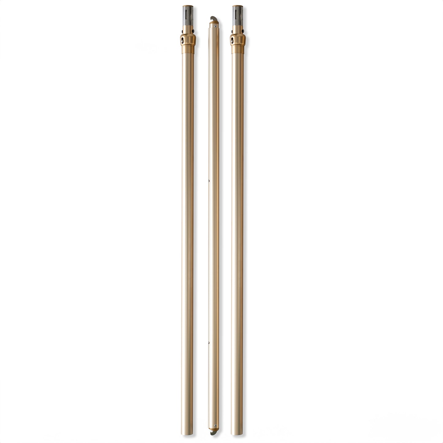 The image displays three metallic poles in a golden hue. Two of the poles are taller with caps on their top ends, featuring small holes and connectors, likely for assembling a structure. The third pole is shorter and slimmer, positioned between the two taller ones. These poles appear to be parts of a backdrop stand or similar setup, designed for events or photography. 