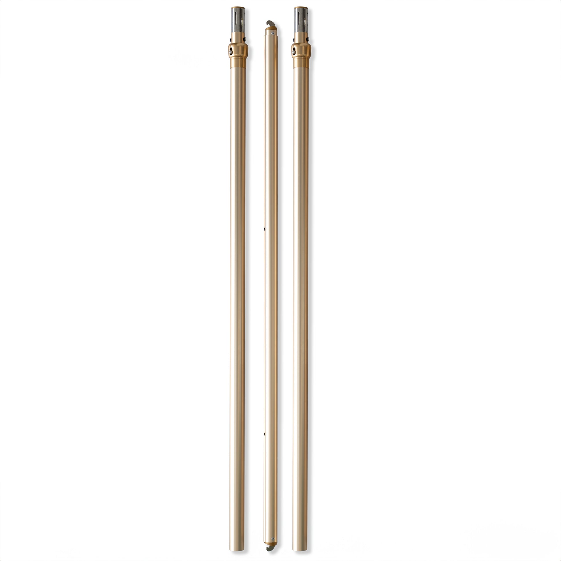 The image displays three metallic poles in a golden hue. Two of the poles are taller with caps on their top ends, featuring small holes and connectors, likely for assembling a structure. The third pole is shorter and slimmer, positioned between the two taller ones. These poles appear to be parts of a backdrop stand or similar setup, designed for events or photography. 