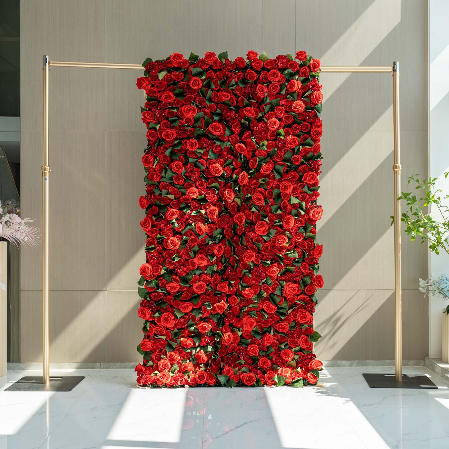 ValarFlowers faux flower wall backdrop with lush roses, peonies, hydrangeas in soft pink - perfect wedding and party decor