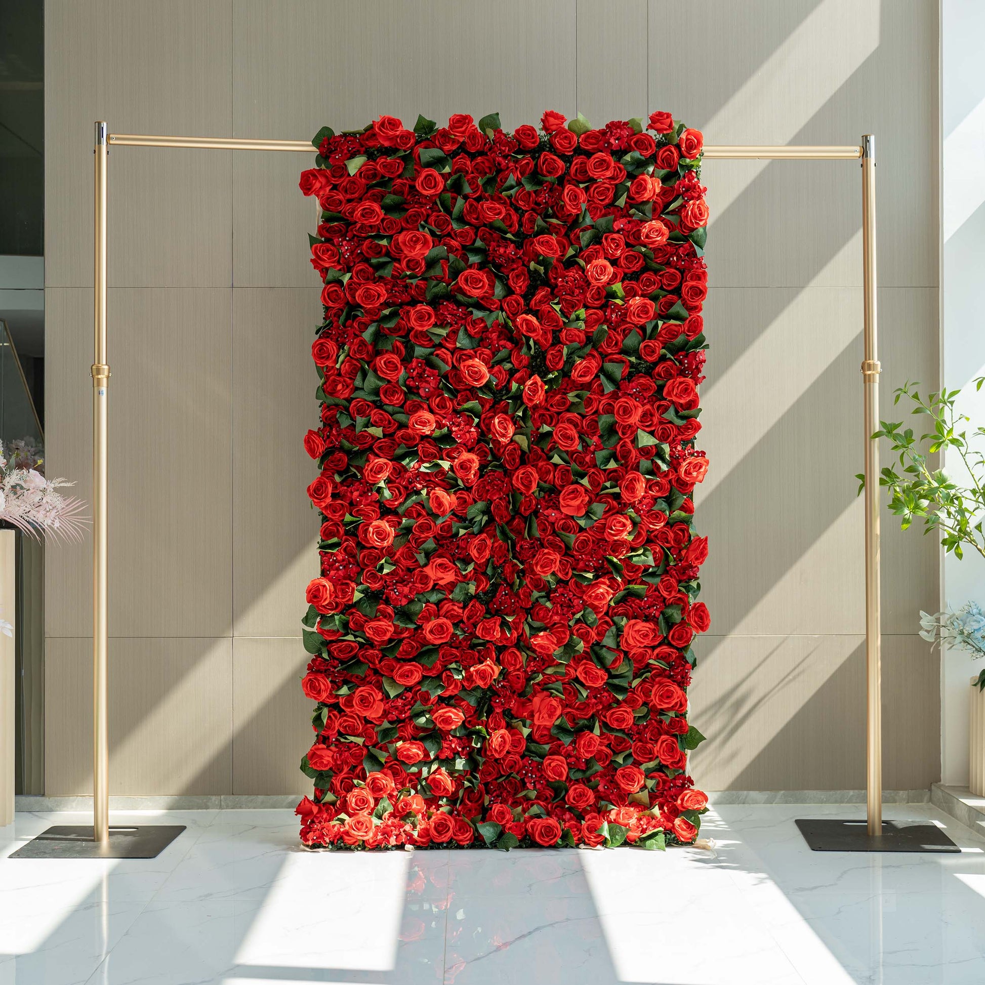 ValarFlowers faux flower wall backdrop with lush roses, peonies, hydrangeas in soft pink - perfect wedding and party decor