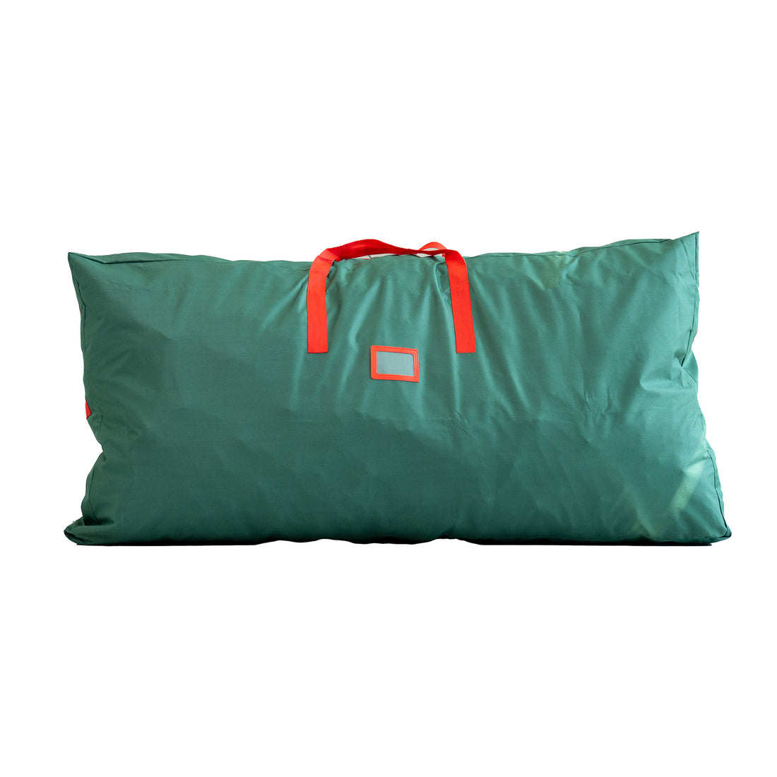 This is a storage bag designed for flower walls. It is large and rectangular, in a rich green color. The bag features bright red carrying straps, which stand out against the green fabric. There is also a rectangular label - like patch outlined in red, likely for identification or decoration. The bag appears spacious and suitable for storing and transporting flower wall decorations. 