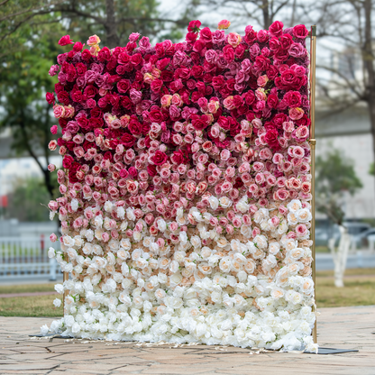 This backdrop showcases a stunning 8x8ft arrangement of artificial roses in a gradient from deep red at the top to soft white at the bottom. Set on a golden stand, it creates a luxurious and romantic atmosphere, ideal for weddings or special events. 