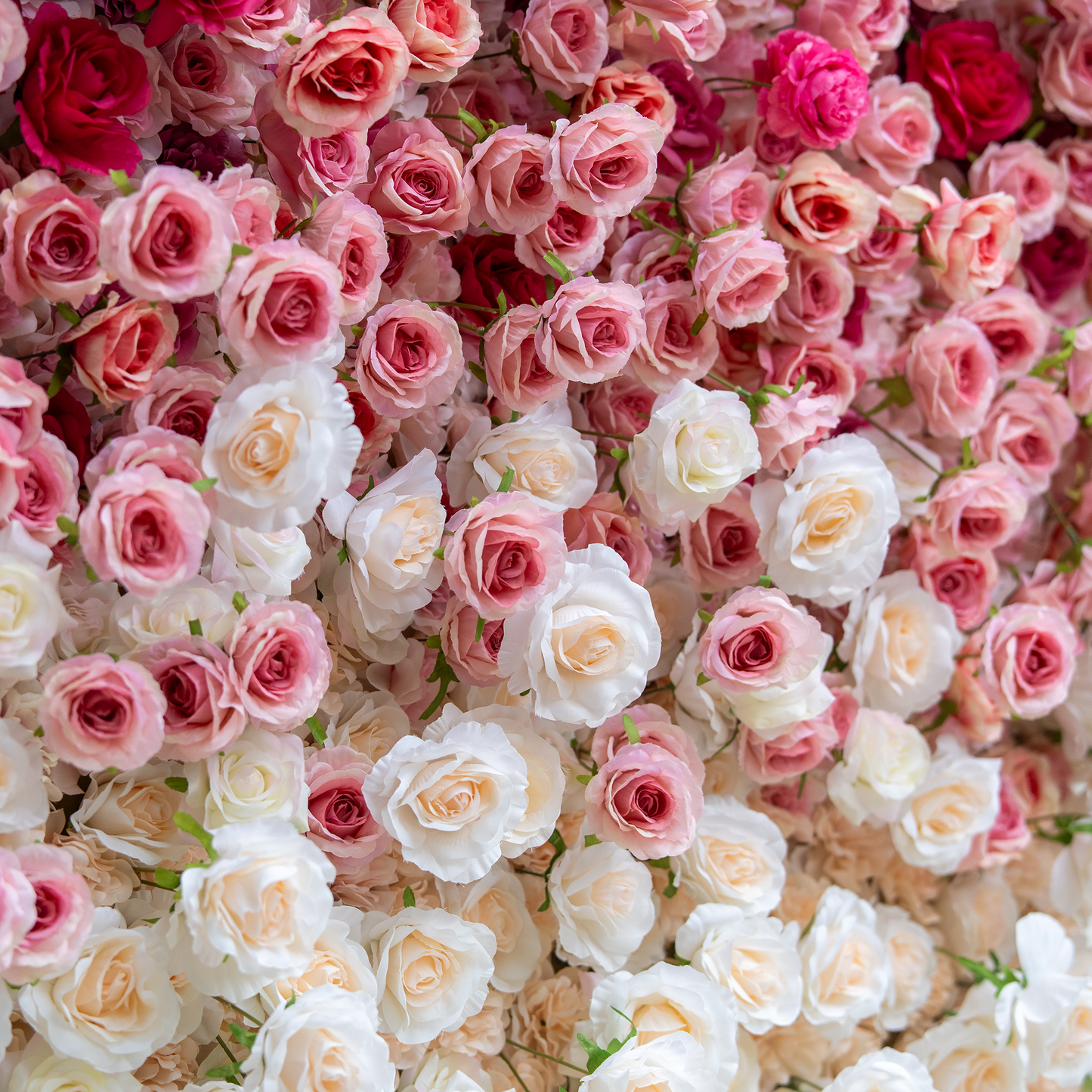 This backdrop features a dense, enchanting arrangement of artificial roses in a gradient of soft pink and white hues. The meticulously placed blooms create a romantic and elegant atmosphere, perfect for weddings or upscale events. 