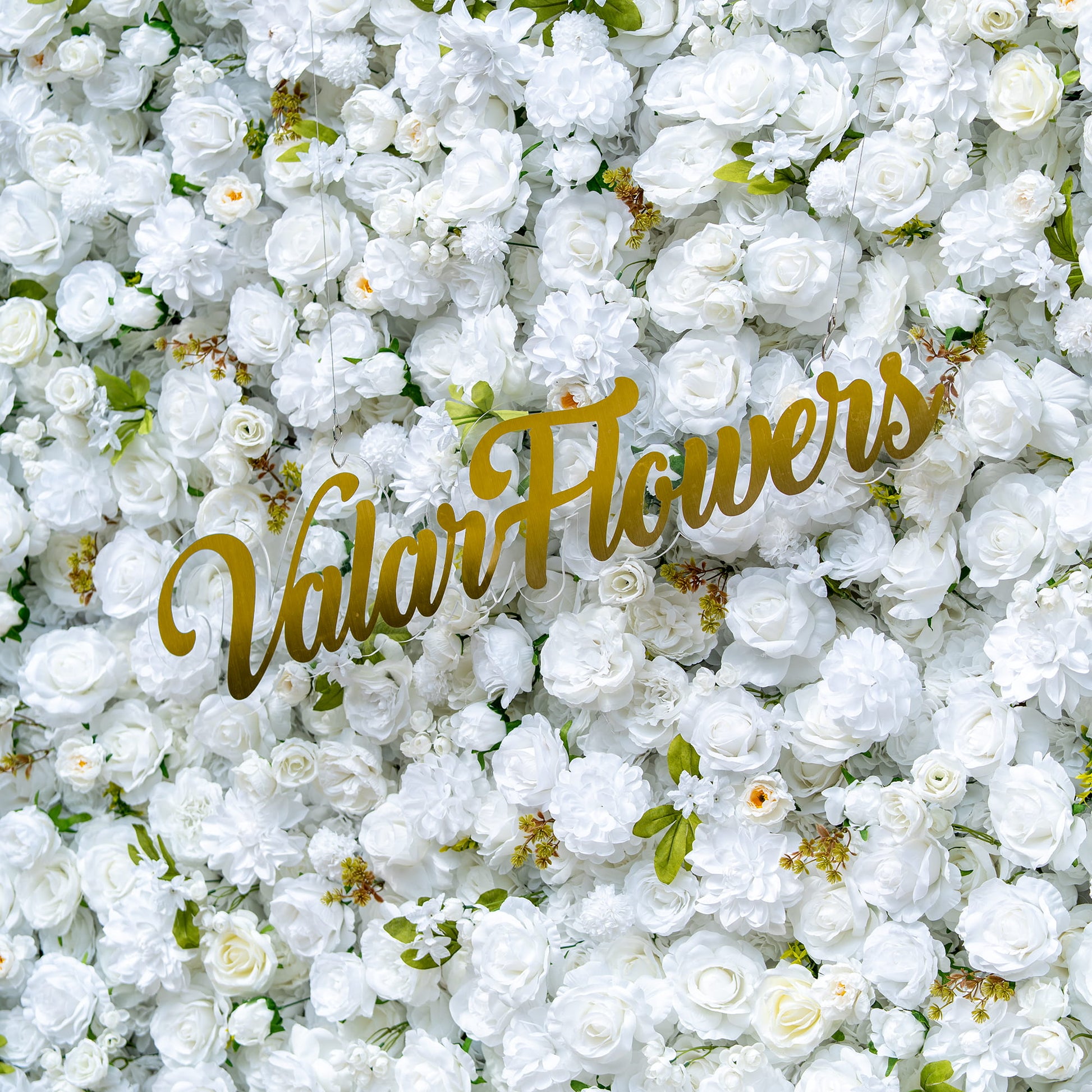 This floral backdrop is densely covered with artificial white flowers, mainly roses and some small - bud blooms, interspersed with green leaves. The all - white color scheme, enhanced by the green accents, creates a clean and elegant look. The golden “ValarFlowers” sign adds a touch of sophistication, making the overall style refined and suitable for formal events. 