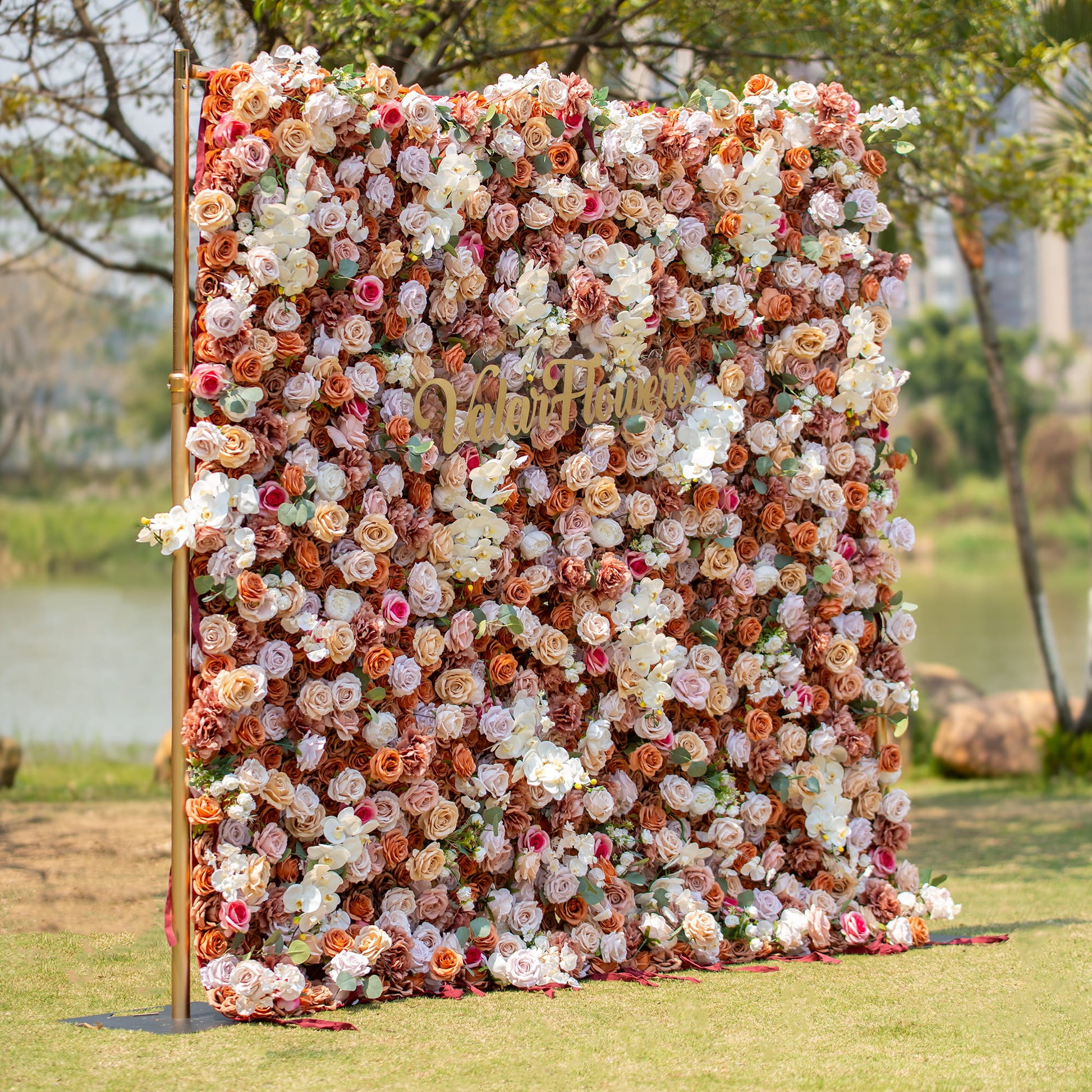 This backdrop showcases a warm, earthy theme with colors like brown, beige, and white. It is densely adorned with roses and orchids. Ideal for sophisticated events such as weddings, upscale garden parties, or elegant corporate functions. 