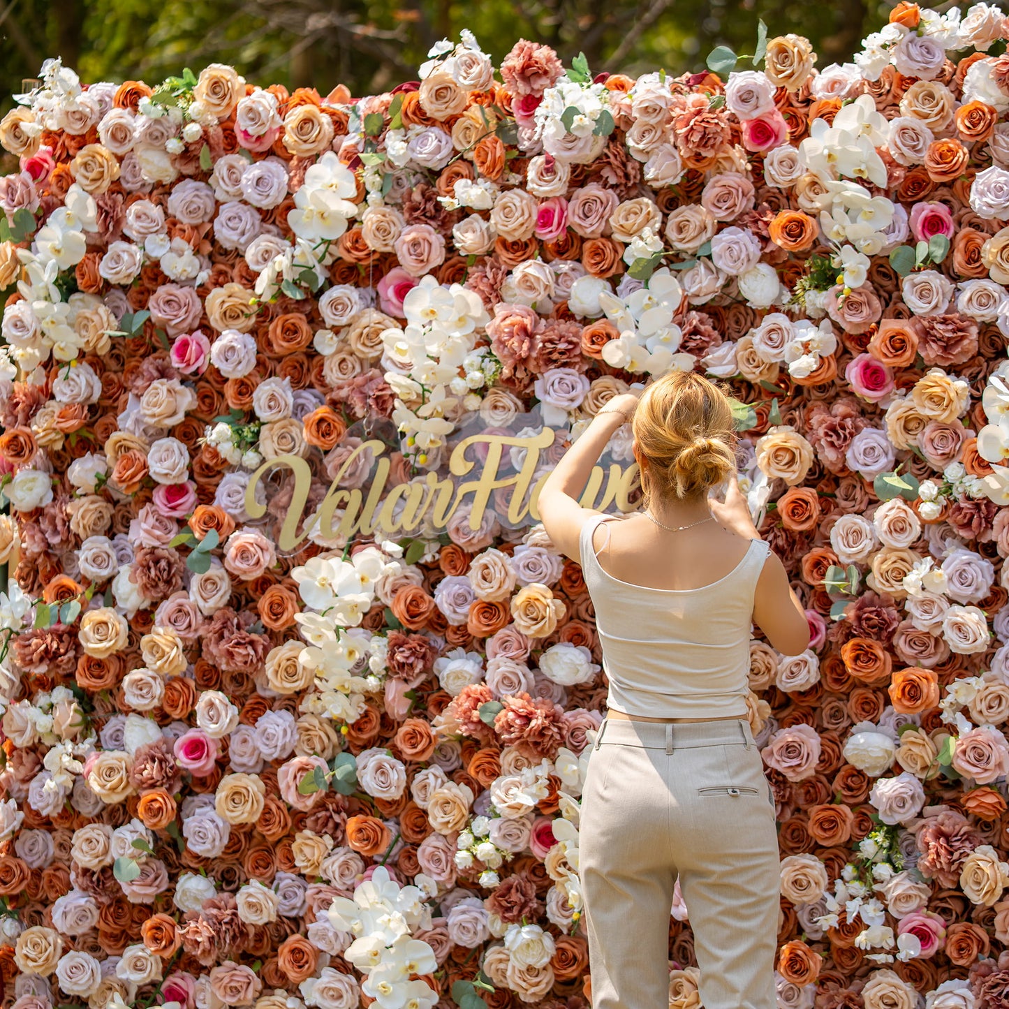 Opulent and Harmonious Multicolored Artificial Flower Backdrop by ValarFlowers: A Tapestry of Warmth Inspired by 2025's Trendy Pantone Color-VF-818