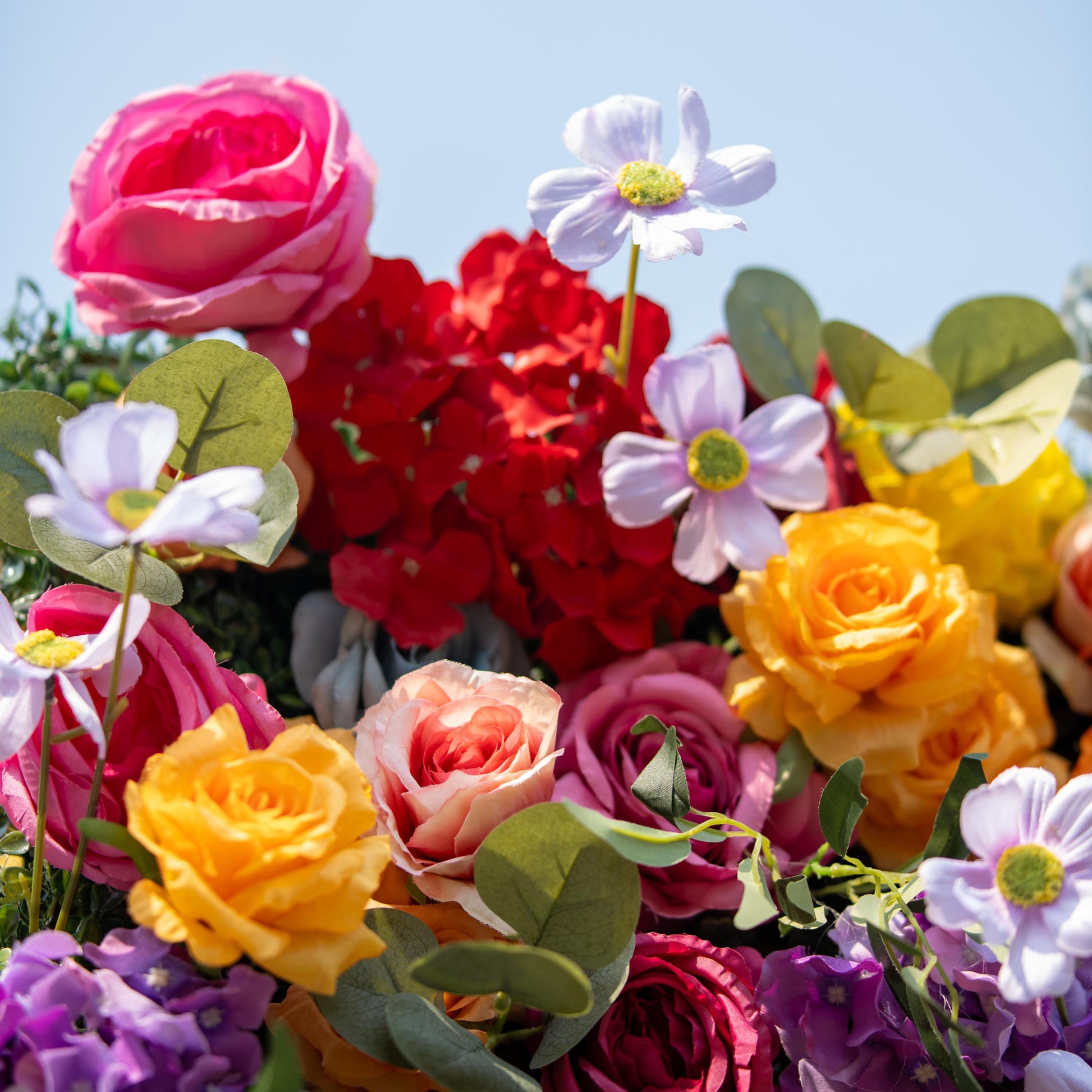 This backdrop bursts with a vivid color theme of red, pink, yellow, orange, purple, and white. It features roses, daisies, and hydrangeas. Ideal for lively occasions like outdoor parties, festivals, or colorful - themed weddings. 