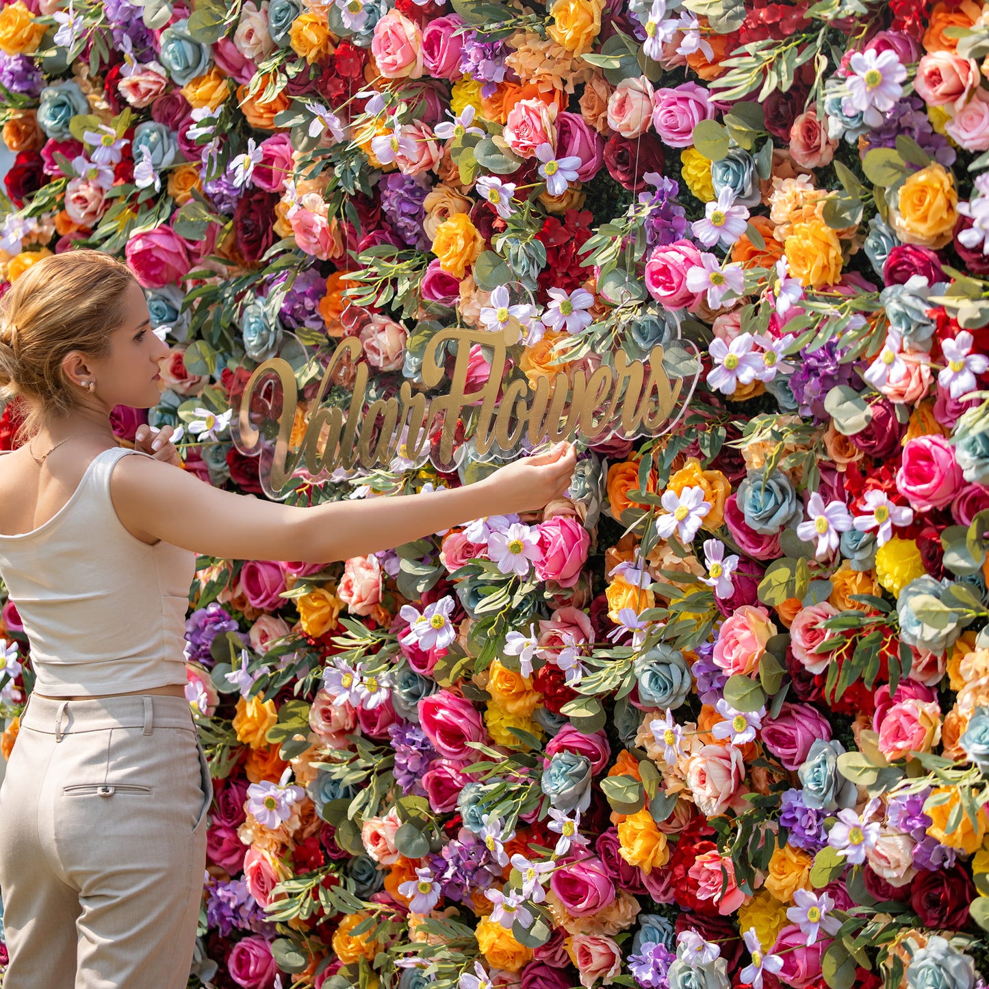 This backdrop is a vibrant explosion of colors such as pink, orange, yellow, red, purple, and blue. It's composed of roses and small daisy - like flowers. Ideal for lively occasions like outdoor weddings, garden parties, and festive events. 