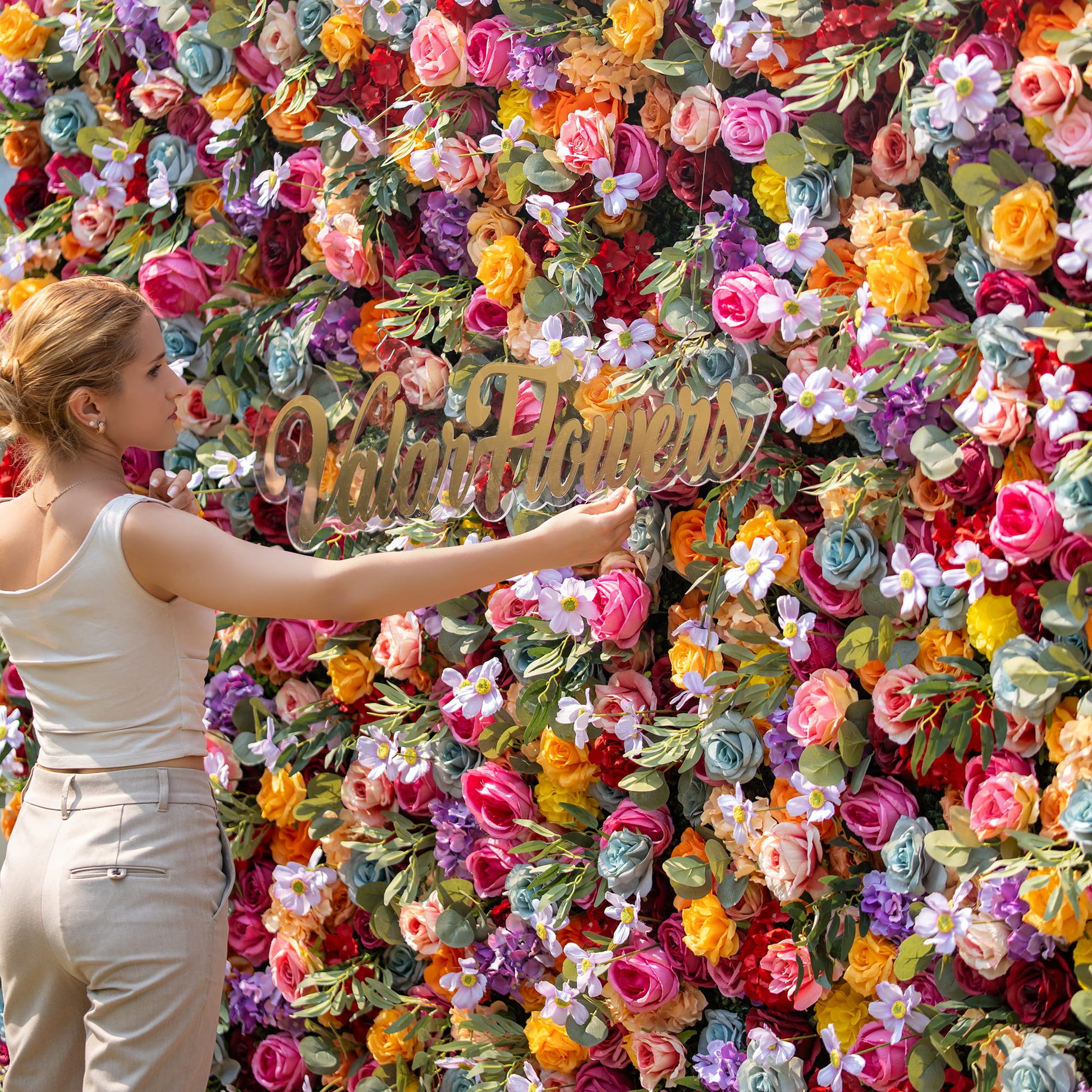 This backdrop is a vibrant explosion of colors such as pink, orange, yellow, red, purple, and blue. It's composed of roses and small daisy - like flowers. Ideal for lively occasions like outdoor weddings, garden parties, and festive events. 