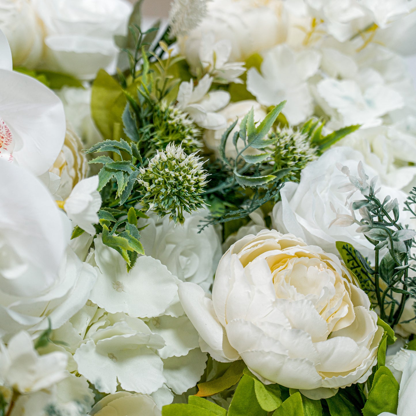 This backdrop showcases white peonies, hydrangeas, and assorted green - textured blooms. With a pure white and green color theme, it exudes elegance, making it ideal for weddings, bridal showers, or upscale events. 