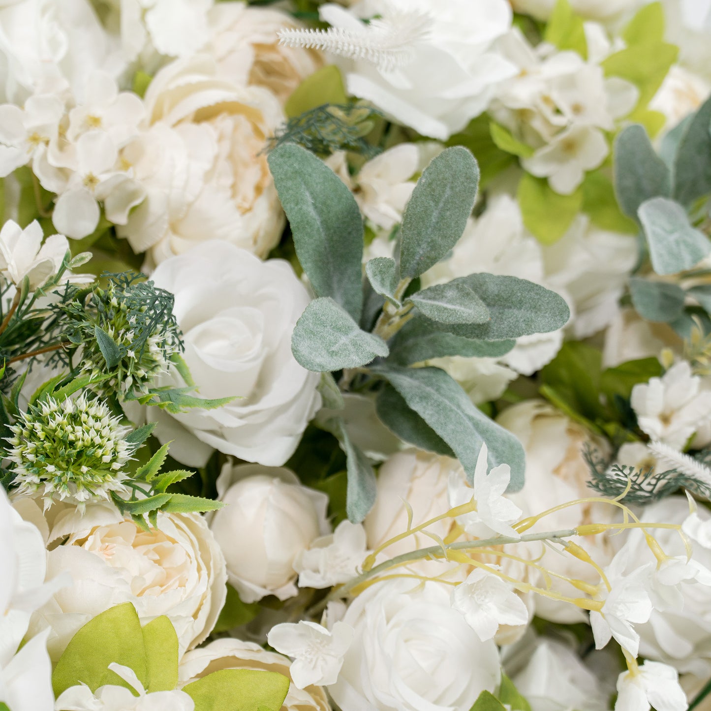 This backdrop combines white roses and peonies with various green foliage. The soft white and green color scheme exudes elegance, making it ideal for weddings, engagement parties, or high - end formal events. 