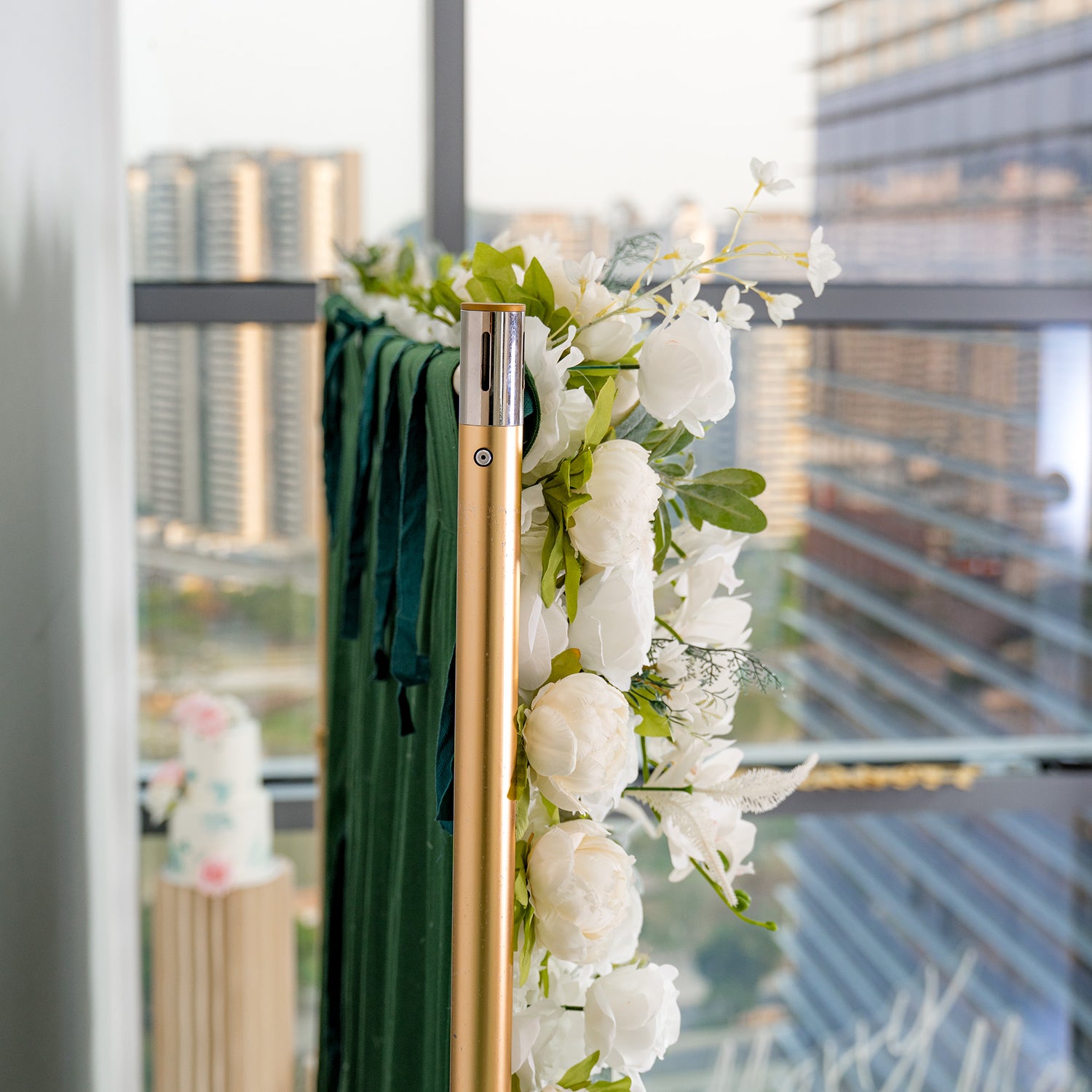 This backdrop features white peonies and other white blooms, set against a rich green fabric, with a touch of gold from the frame. Its white - green color theme is elegant and serene, ideal for weddings, upscale parties, or formal celebrations. 