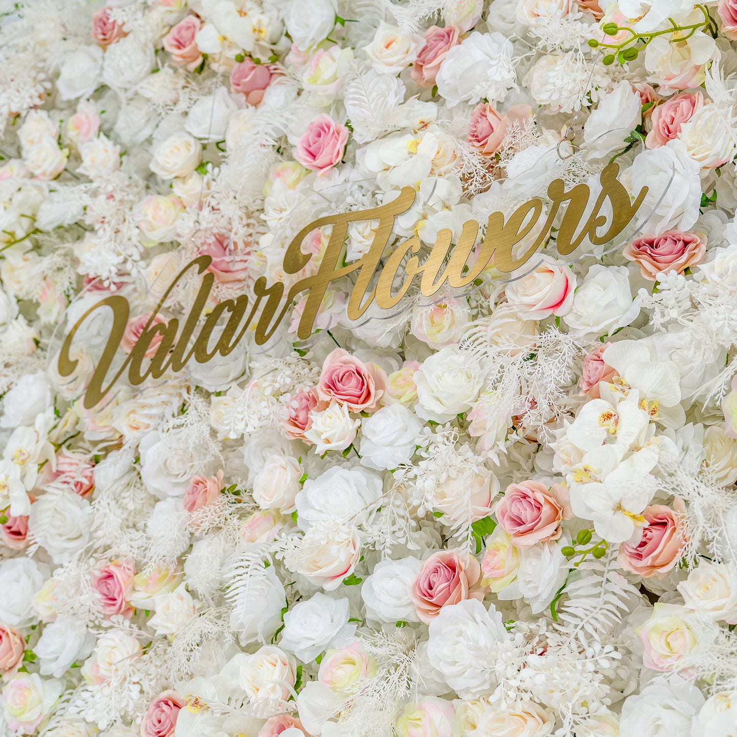 This photo features a lush floral backdrop densely packed with white roses, pink - tinted roses, and white orchids, interspersed with delicate white foliage. The soft color palette of white and light pink creates an elegant and serene atmosphere. The golden text "Valar Flowers" stands out prominently. Ideal for weddings or upscale events, it exudes a refined, dreamy style. 