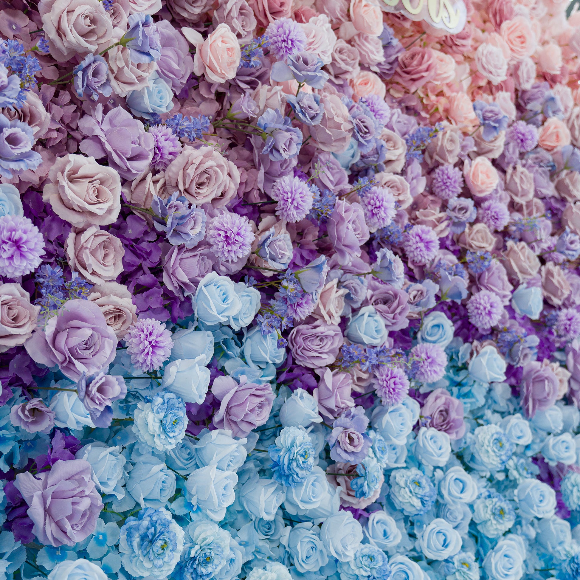 This vibrant floral wall features a mix of roses, chrysanthemums, and small blue blooms. The color theme—shades of lavender, soft blue, and deep purple—creates a dreamy, elegant vibe. Perfect for weddings, galas, or upscale events, it blends romantic hues for a sophisticated, photo - worthy backdrop. 