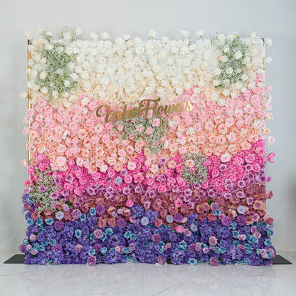 This stunning floral wall by ValarFlowers features a gradient of blooms—white baby’s breath, pink roses, purple blossoms, and blue flowers. The ombre color scheme (white to pink to purple to blue) creates an elegant, dreamy vibe, perfect for weddings, engagements, or upscale events. The gold “ValarFlowers” logo adds a refined touch, making it an eye - catching backdrop for photos and celebrations. 