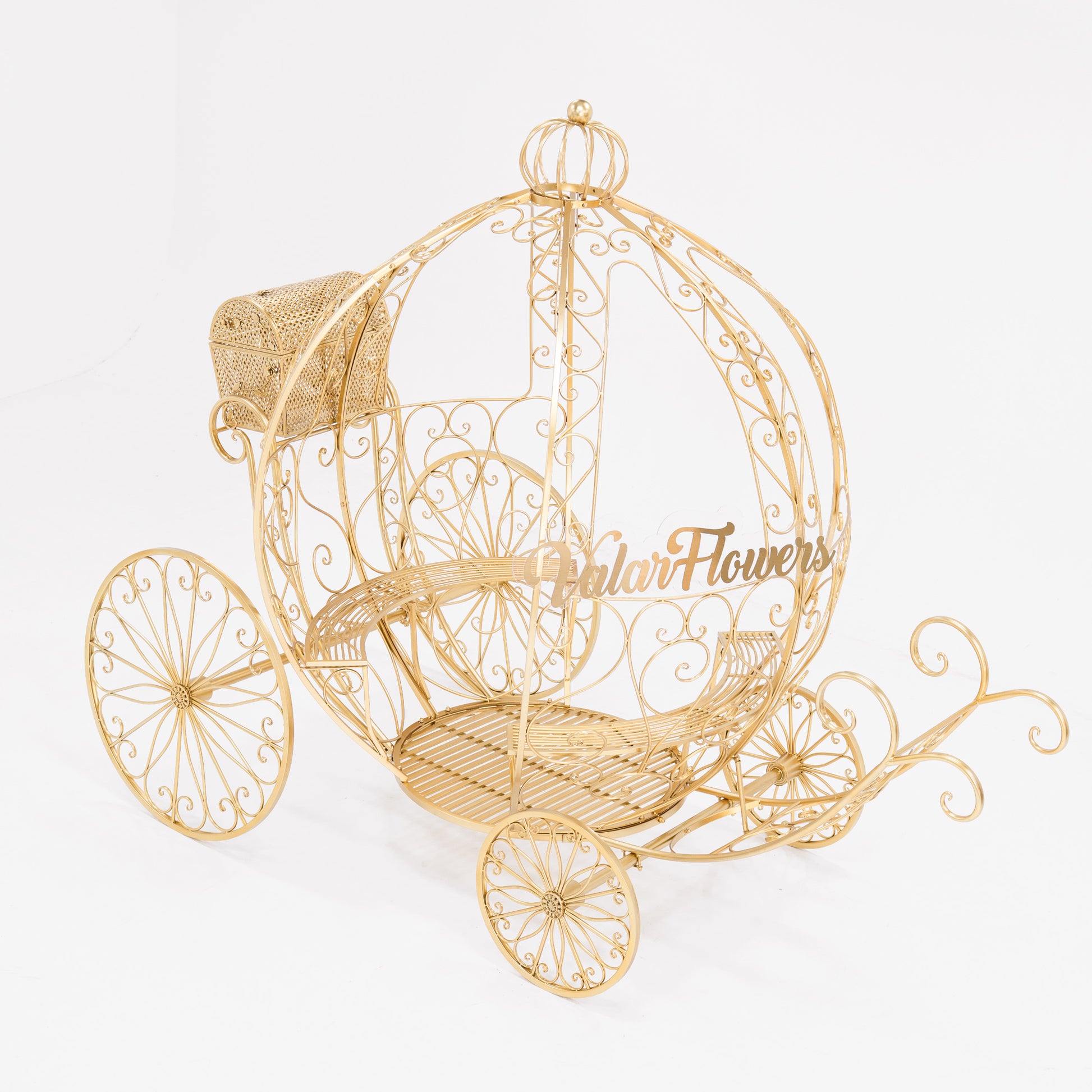 A 7.9ft life - size, Disney - style Cinderella’s fantasy pumpkin carriage. Crafted from gold - toned, ornate wrought iron with intricate scrollwork. Features a curved, open - air design, large decorative wheels, and a small attached compartment. “ValarFlowers” adds a branded touch, perfect for fairy - tale - themed events. 