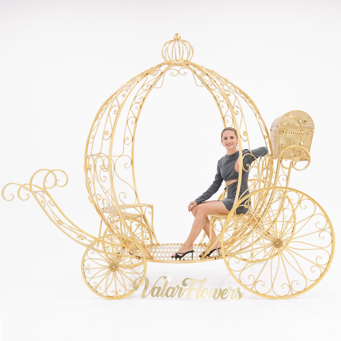 A life - size, Disney - style gold carriage with intricate wrought - iron scrollwork. A woman in a gray outfit sits inside, highlighting its fairy - tale charm. “ValarFlowers” branding adds a touch, perfect for magical, themed events. 