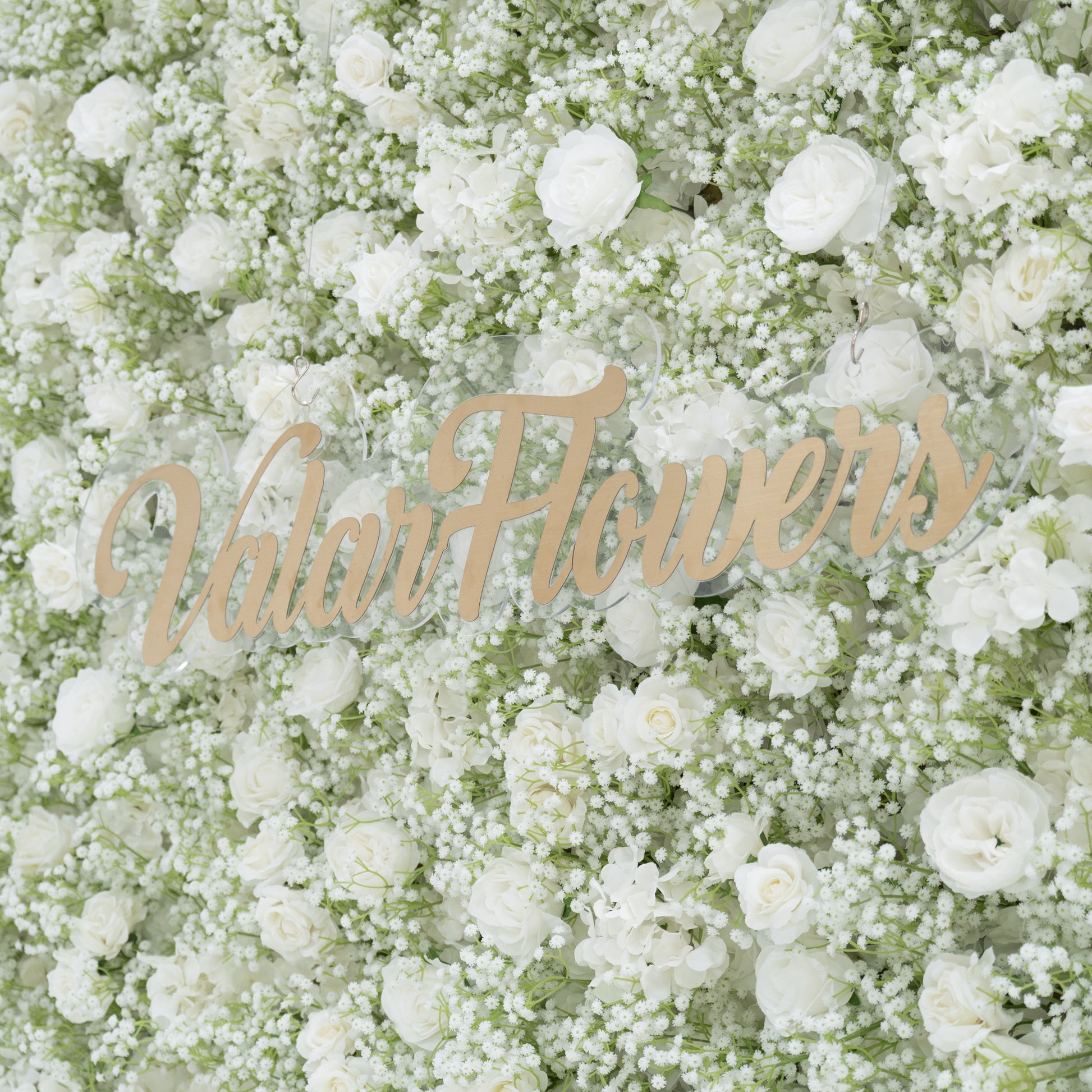 This image showcases a stunning floral wall by Valar Flowers, densely adorned with white roses and baby's breath. The elegant golden "Valar Flowers" branding stands out against the lush, pure white blooms. Set against a backdrop that lets the flowers take center stage, it exudes a sense of sophistication, purity, and natural beauty, perfect for creating a romantic and refined atmosphere in events or decorative settings.