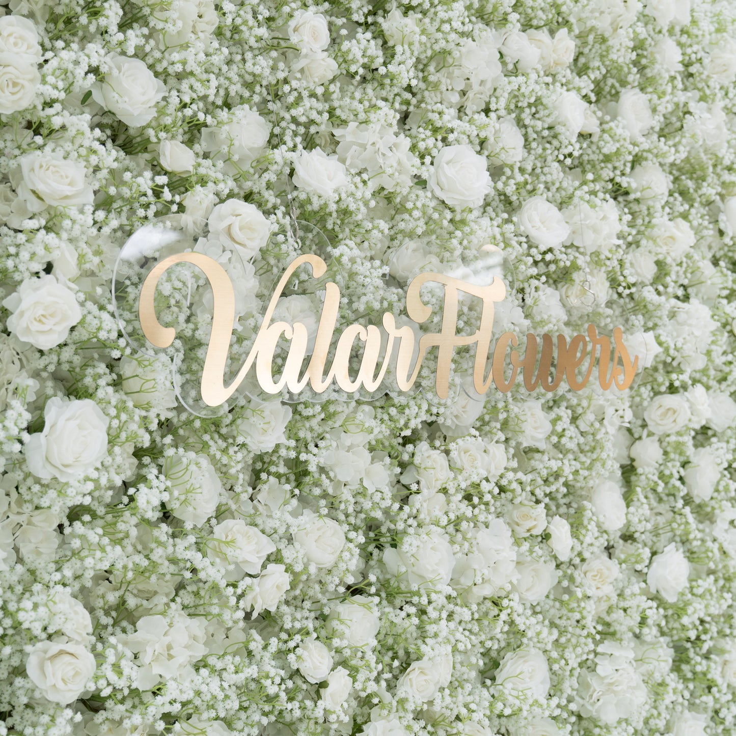 This image showcases a stunning floral wall by Valar Flowers, densely adorned with white roses and baby's breath. The elegant golden "Valar Flowers" branding stands out against the lush, pure white blooms. Set against a backdrop that highlights the flowers, it exudes a sense of sophistication, purity, and natural beauty, perfect for creating a romantic and refined atmosphere in events or decorative settings.