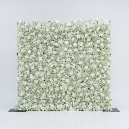 This image features a large, square floral wall densely covered with white flowers, including baby&