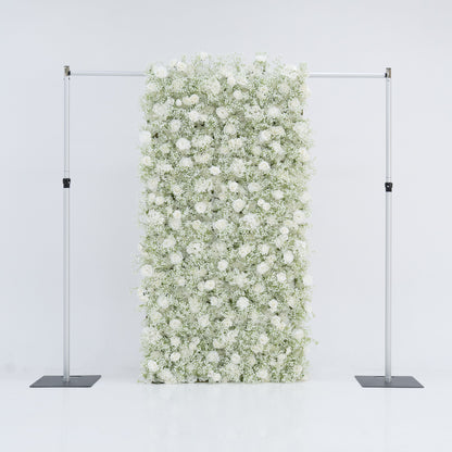 This image showcases a 4x8ft floral wall by Valar Flowers, densely adorned with white roses and baby&