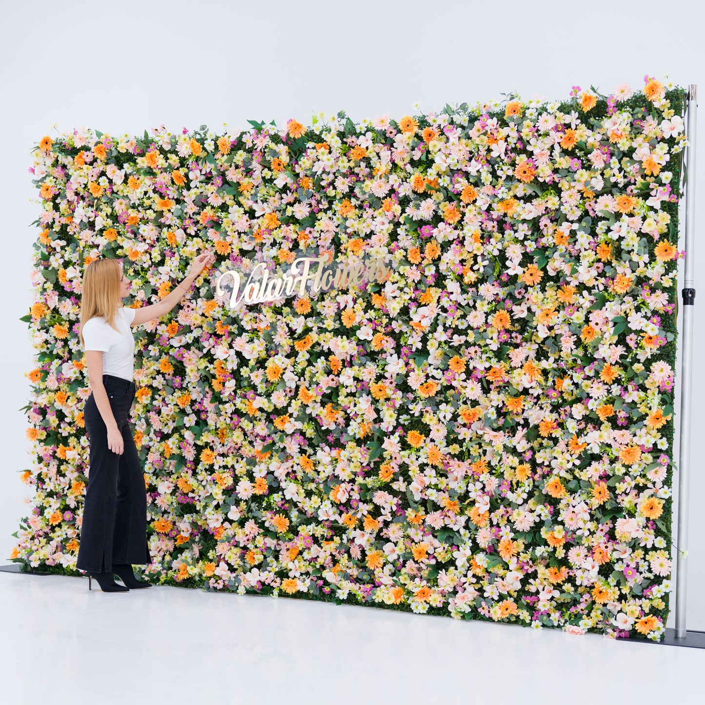 ValarFlowers artificial floral wall backdrop with lush pink roses, peonies and hydrangeas, white and fawn tones, green leaves for wedding decor
