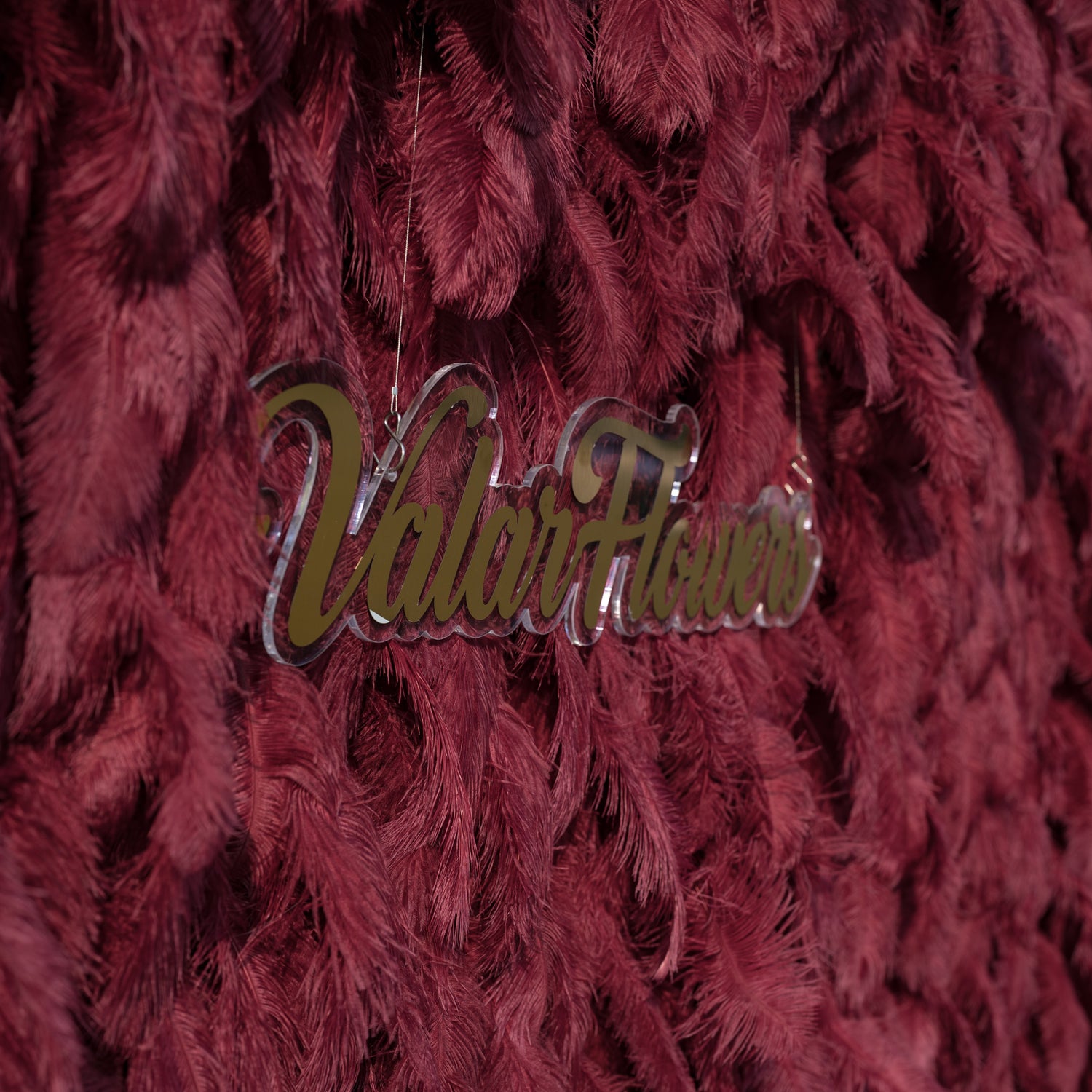 This close-up showcases a sophisticated logo sign reading “ValarFlowers,” crafted from clear acrylic with a glossy gold cursive finish. It hangs against a luxe backdrop of deep burgundy, feathery artificial foliage, which features a soft, layered texture that creates rich depth and a velvety appearance. The contrast between the sleek, reflective sign and the plush, tactile backdrop exudes elegance, making it a refined detail for event decor, brand displays, or upscale floral installations.