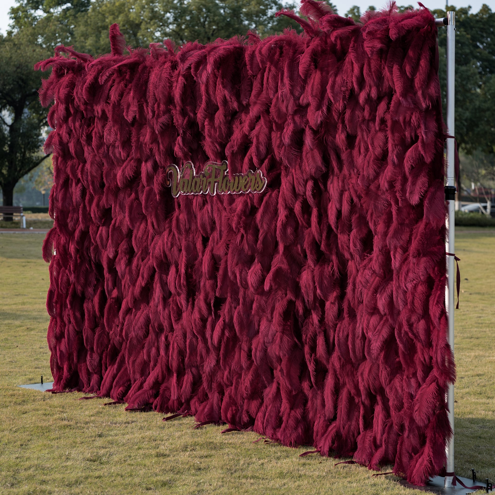 This opulent outdoor backdrop features a dense wall of deep burgundy ostrich feathers, creating a plush, velvety texture with rich vertical depth. Centered on its surface, a sleek clear acrylic sign with a glossy gold cursive “Valar Flowers” logo adds a refined touch. Set against a sunlit lawn and framed by trees, it is a luxurious focal point for upscale events, weddings, or brand activations.