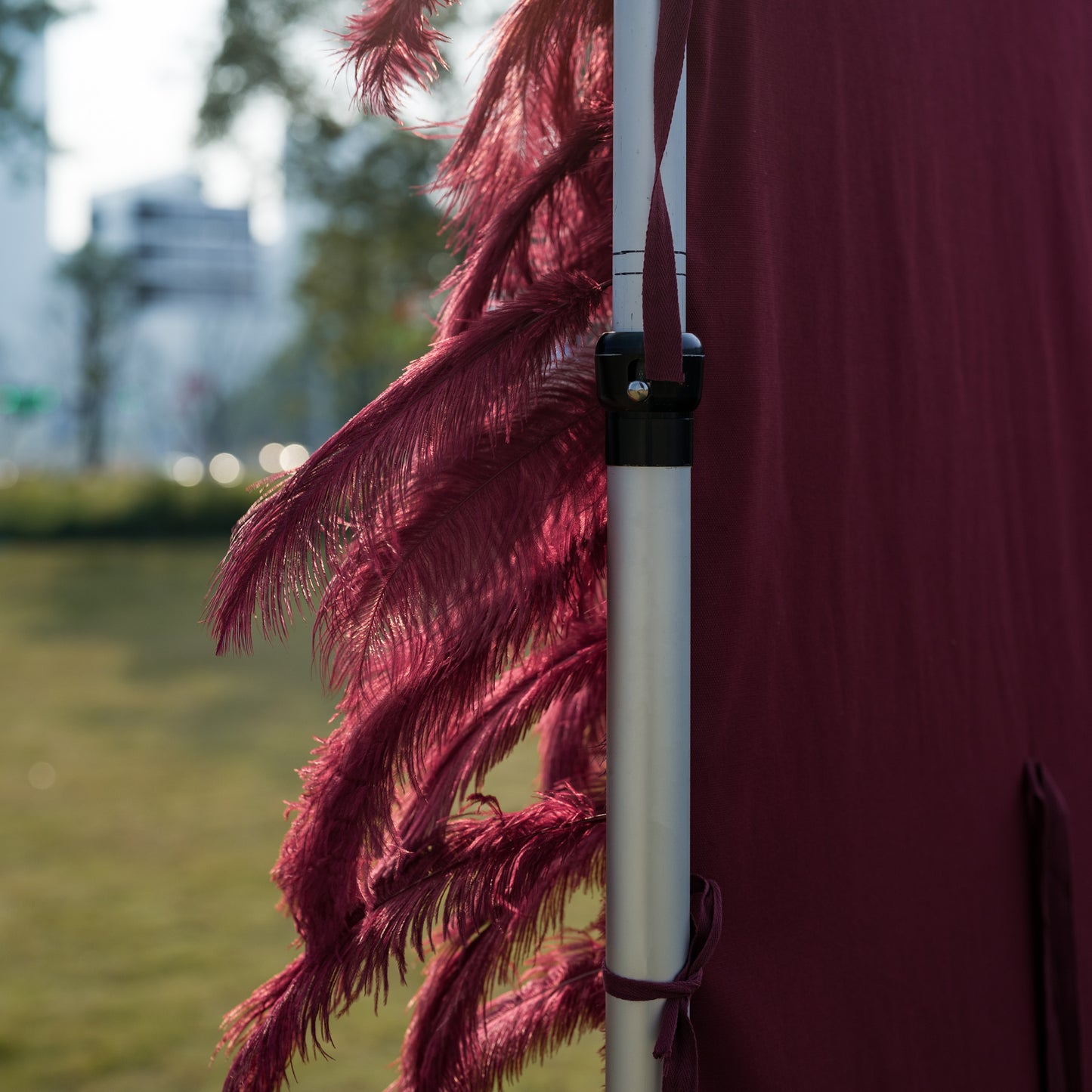 This elegant outdoor event detail features a cascading fringe of deep burgundy ostrich feathers, their soft, wispy plumes spilling over the edge of a sleek, maroon fabric backdrop mounted on a silver metal frame. Set against a sunlit lawn, distant trees, and modern buildings, the plush, velvety texture of the feathers contrasts beautifully with the crisp fabric, creating a sophisticated, romantic touch for weddings, proposals, or upscale gatherings.
